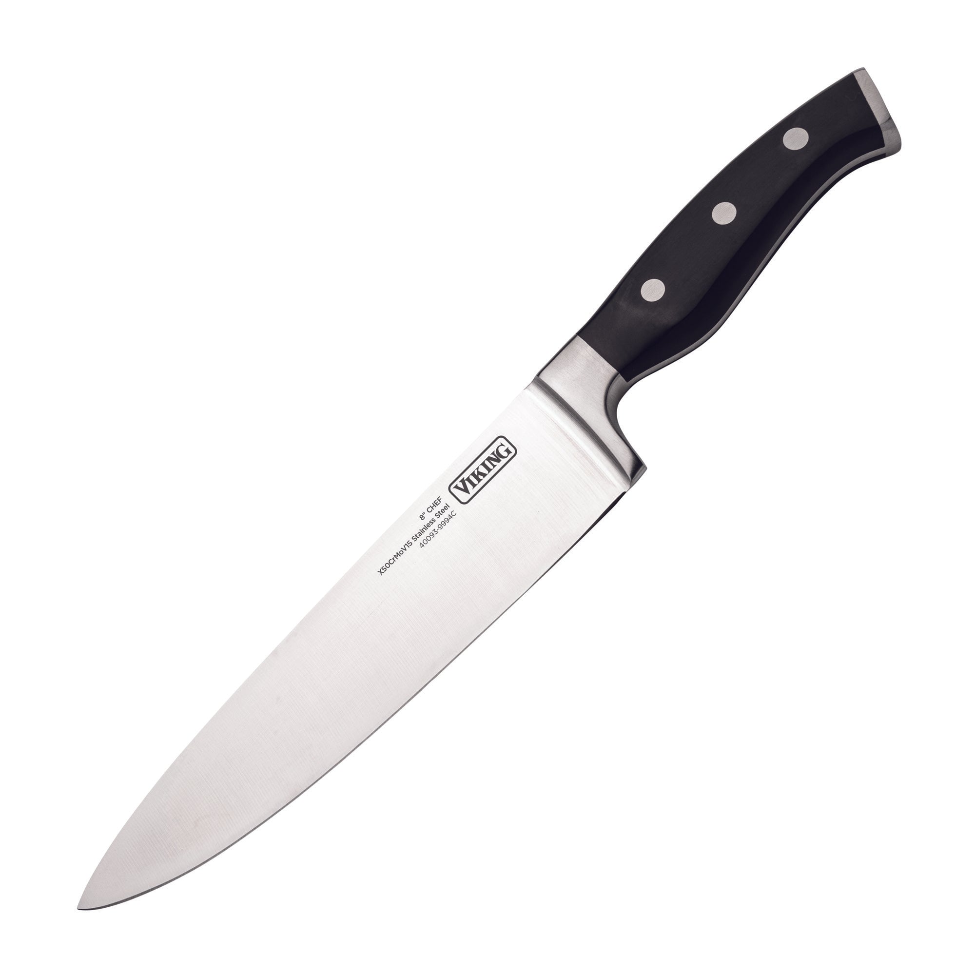 A Viking Culinary Products chef knife from the 14-Piece X50CrMoV15 Steel Cutlery Set features a black triple-riveted handle and stainless steel blade, displayed on a white background with the Viking logo stamped on the blade.