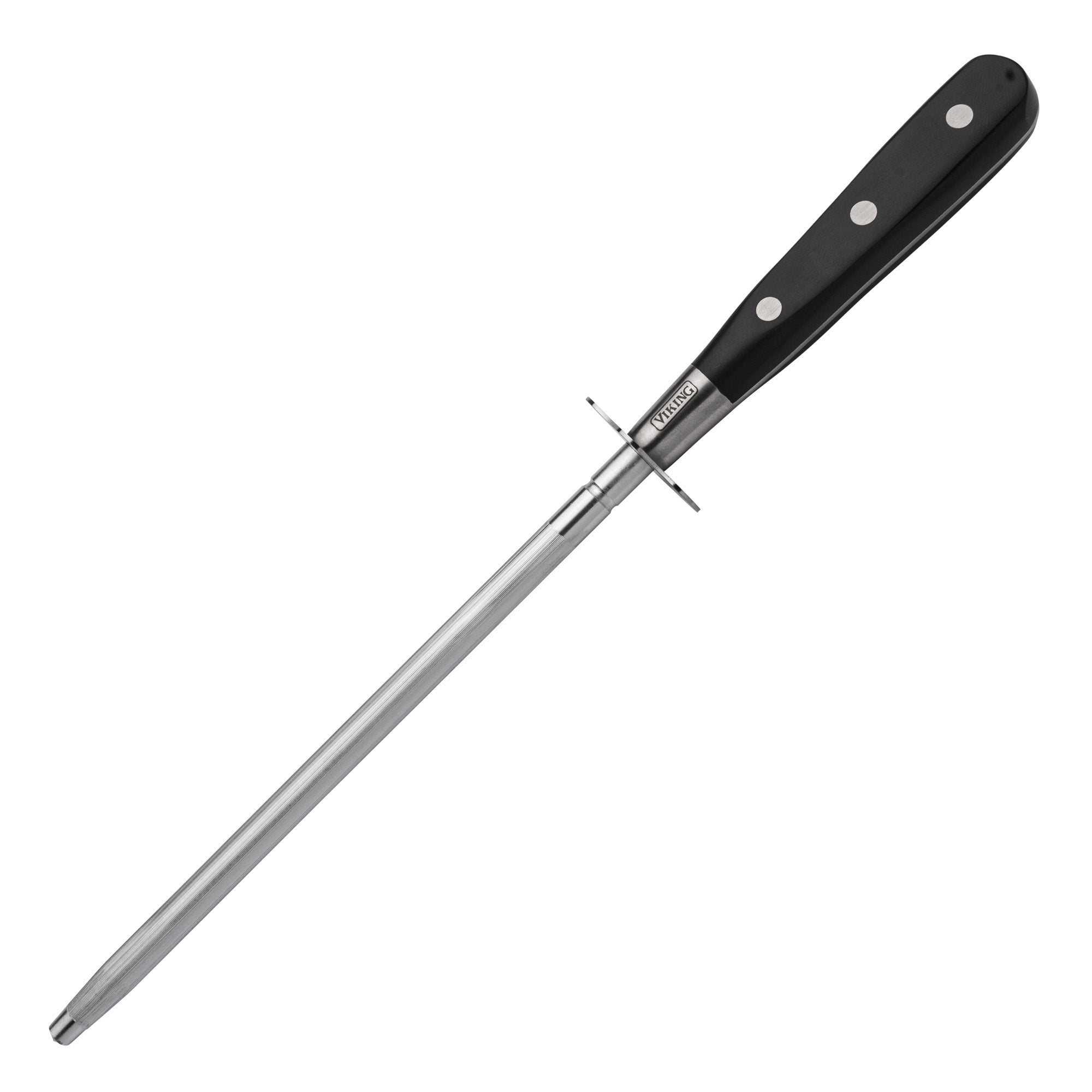 The Viking Culinary Products 14-Piece X50CrMoV15 Steel Cutlery Set with Black Block includes a sharpening steel with a long, cylindrical stainless steel rod and a black handle with three silver rivets for honing chef and forged knives.