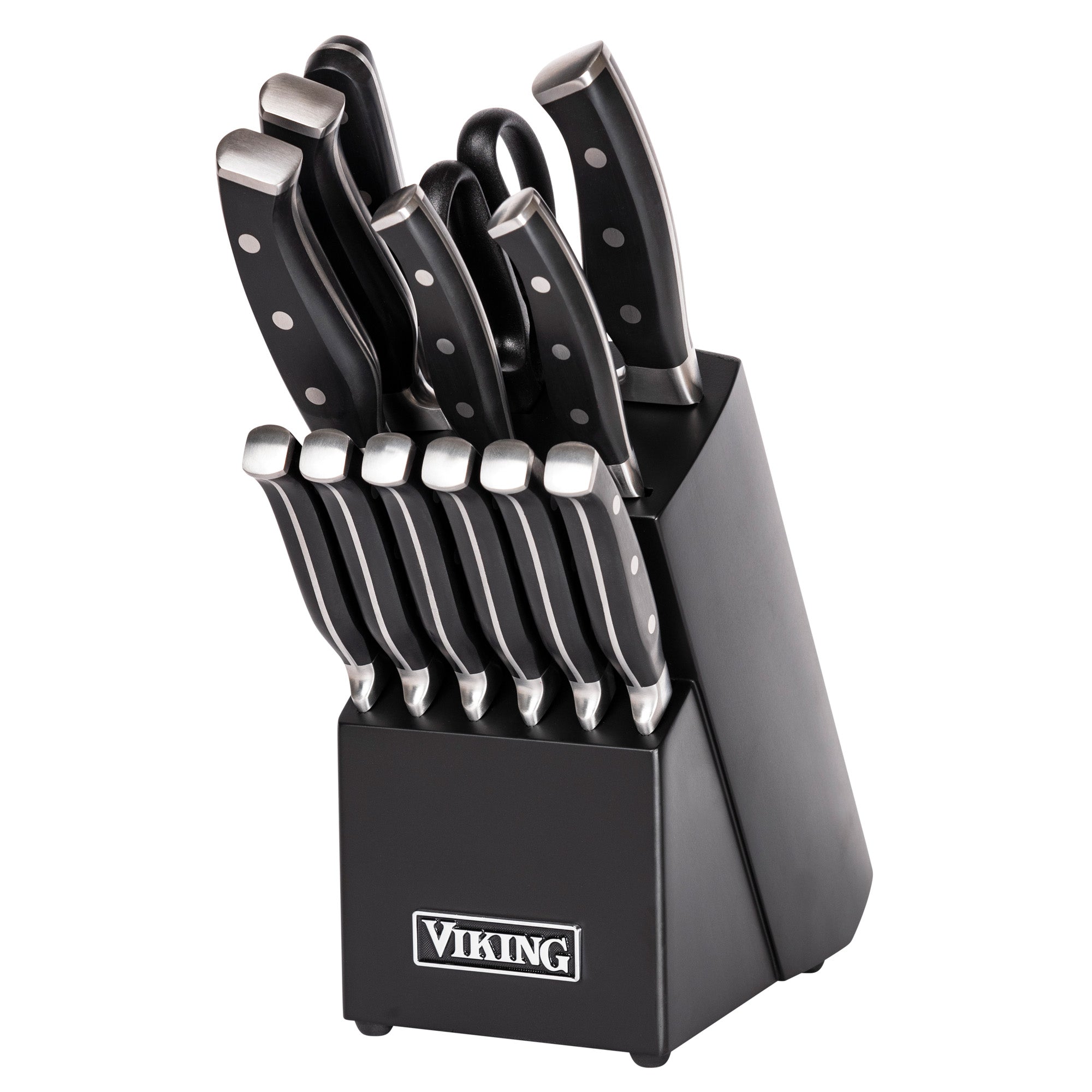 The Viking Culinary Products 14-Piece X50CrMoV15 Steel Cutlery Set includes forged knives with black handles and silver rivets, stored in a black Viking-labeled block, featuring chef, bread, and steak knives.
