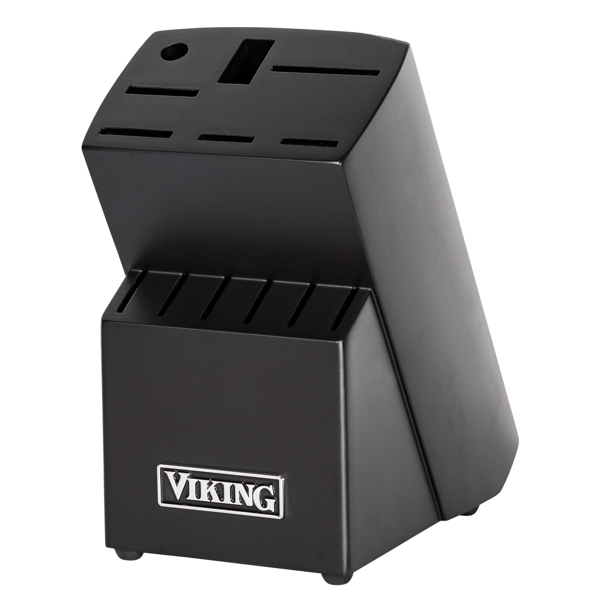 The Viking Culinary Products 14-Piece X50CrMoV15 Steel Cutlery Set comes with a sleek black angled knife block featuring a silver Viking logo on the front. The empty block has multiple slots and is pictured on a white background.