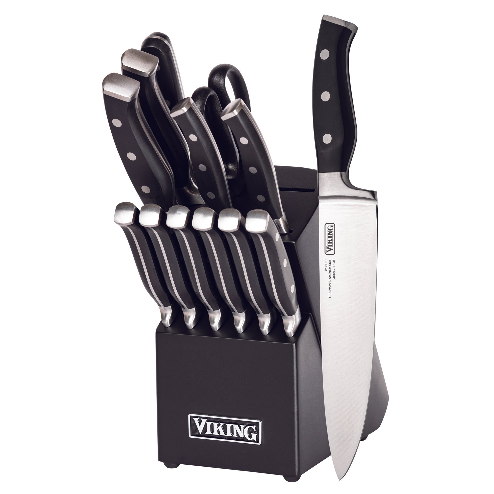 The Viking Culinary Products 14-Piece X50CrMoV15 Steel Cutlery Set features a black block holding forged knives with black handles and silver rivets, plus kitchen shears, all neatly arranged.