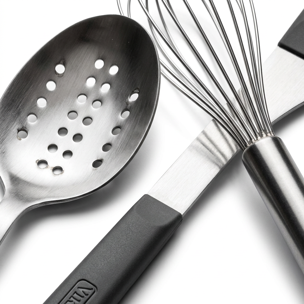 A stainless steel slotted spoon and a wire whisk from the Viking ABS Handle 5pc Tool Set, Black, both featuring black ergonomic handles.