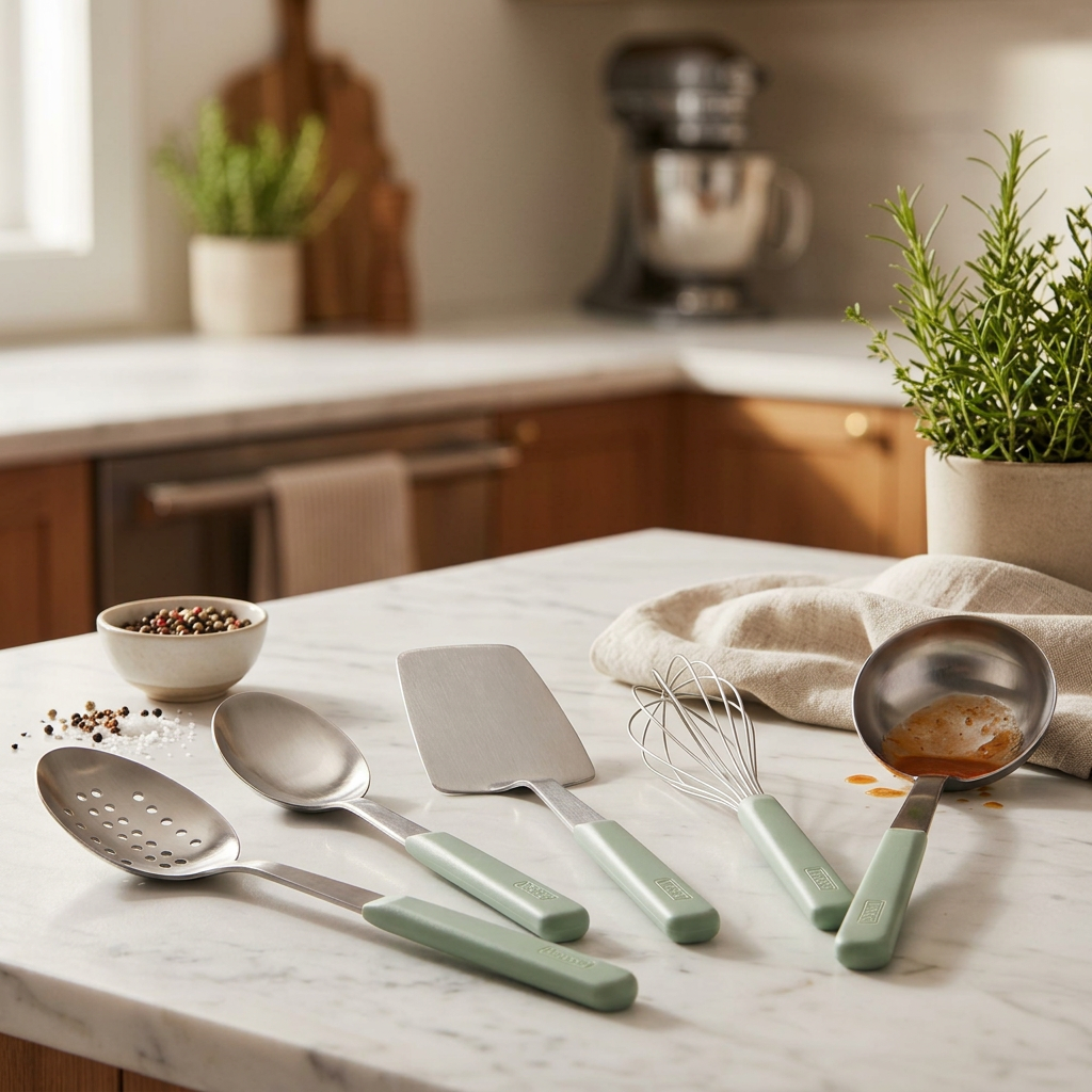 A Viking ABS Handle 5pc Tool Set, Eucalyptus, featuring five utensils with light green handles—a slotted spoon, solid spoon, spatula, whisk, and ladle—arranged on a marble countertop.