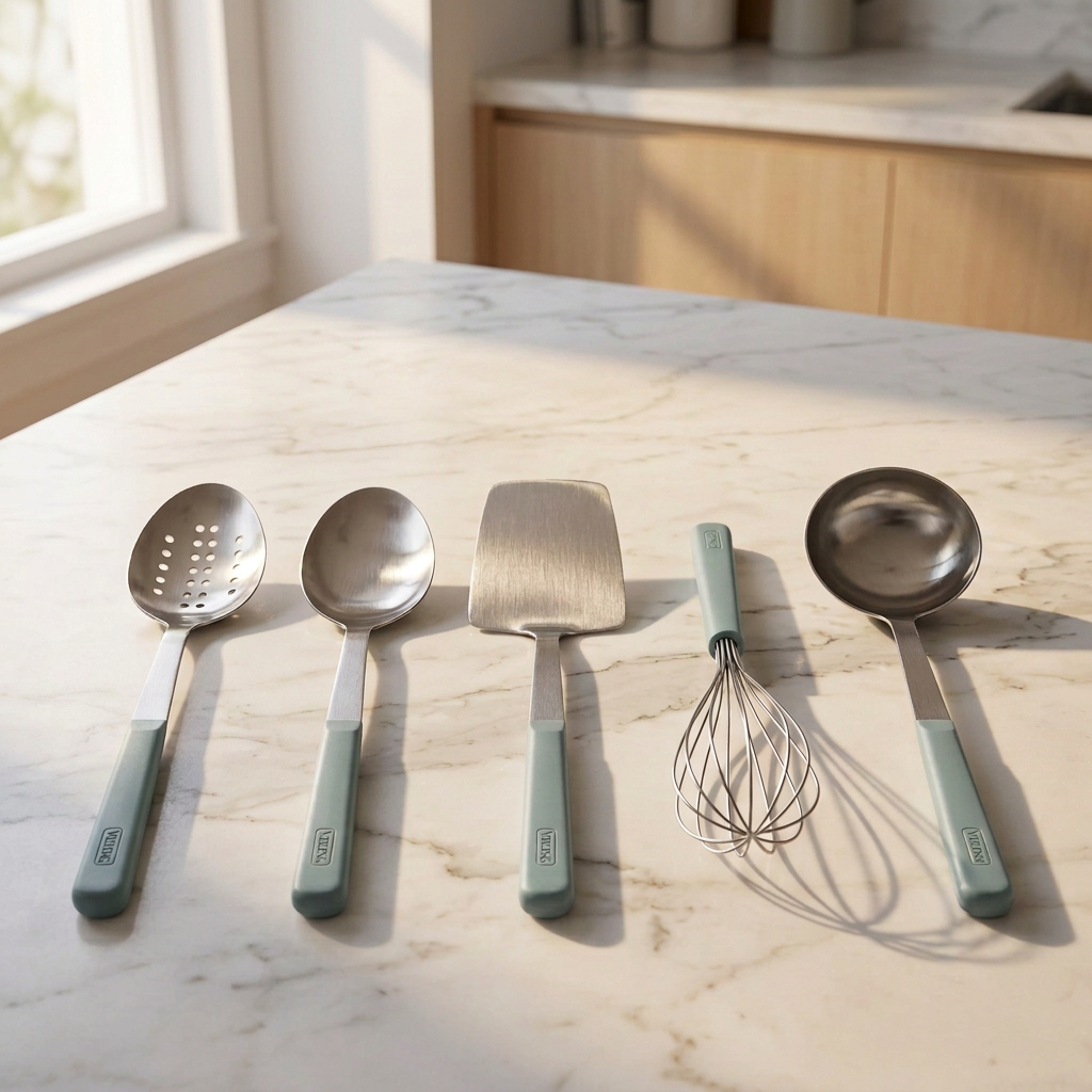 A Viking ABS Handle 5pc Tool Set, November Sky, consisting of a slotted spoon, serving spoon, spatula, whisk, and ladle with sage green handles, arranged in a row on a marble countertop.