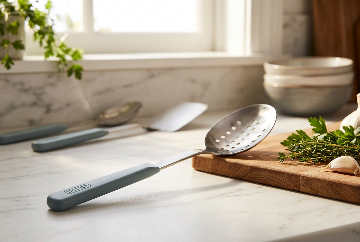 A slotted spoon and a spatula from the Viking ABS Handle 5pc Tool Set, November Sky, with blue-grey ergonomic handles resting on a marble countertop next to a wooden cutting board with fresh herbs.