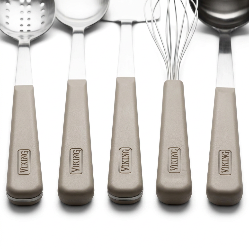 A Viking ABS Handle 5pc Tool Set, Nantucket, featuring five stainless steel kitchen utensils with beige ergonomic handles aligned in a row, including a slotted spoon, serving spoon, turner, whisk, and ladle.