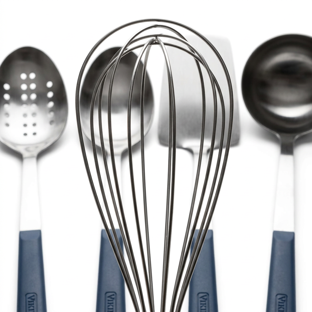 Viking ABS Handle 5pc Tool Seet, Slate Blue featuring a wire whisk in the foreground with a slotted spoon, solid spoon, spatula, and ladle arranged behind it, all with ergonomic slate blue handles.