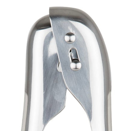 Close-up of Viking Culinary Products' 12-inch Stainless Steel Gravity Tongs featuring two overlapping handles and a top hinge for enhanced control, photographed against a white background.