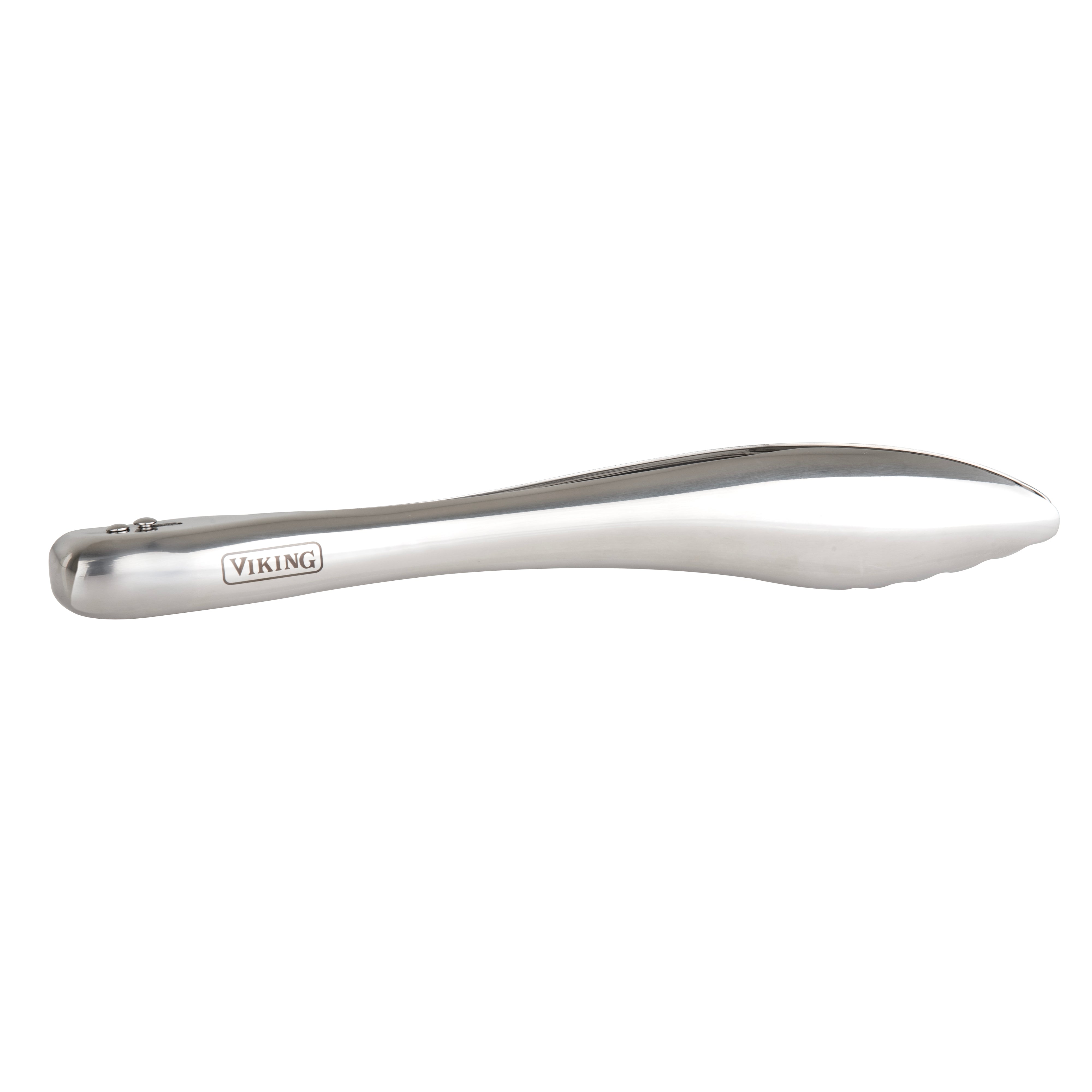 The Viking 12-inch Stainless Steel Gravity Tongs from Viking Culinary Products feature a sleek, curved design for enhanced control and have "Viking" engraved on the side.