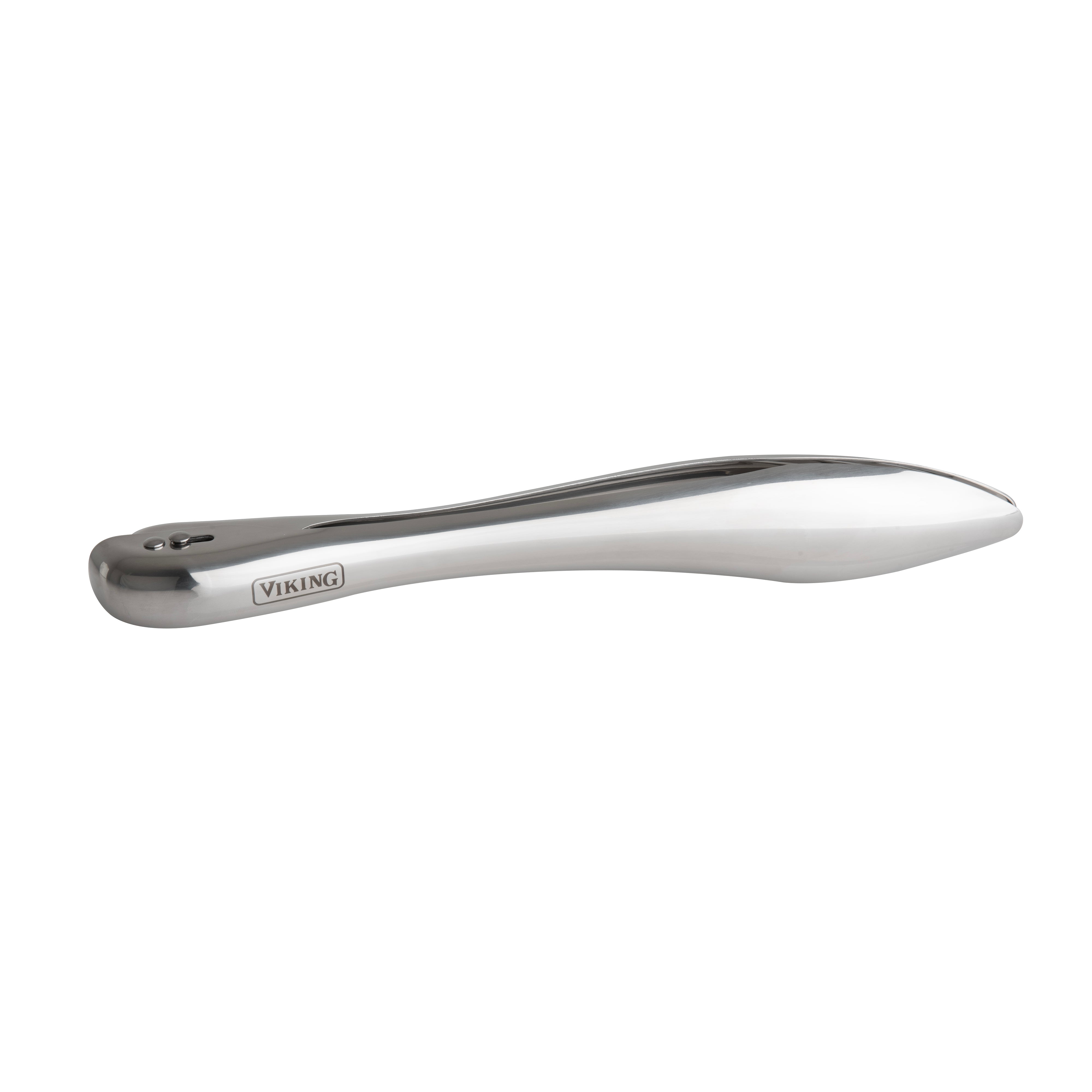 The Viking 12-inch Stainless Steel Gravity Tongs by Viking Culinary Products feature a smooth, ergonomic handle for enhanced control and one-handed use, with the Viking logo engraved near the base.