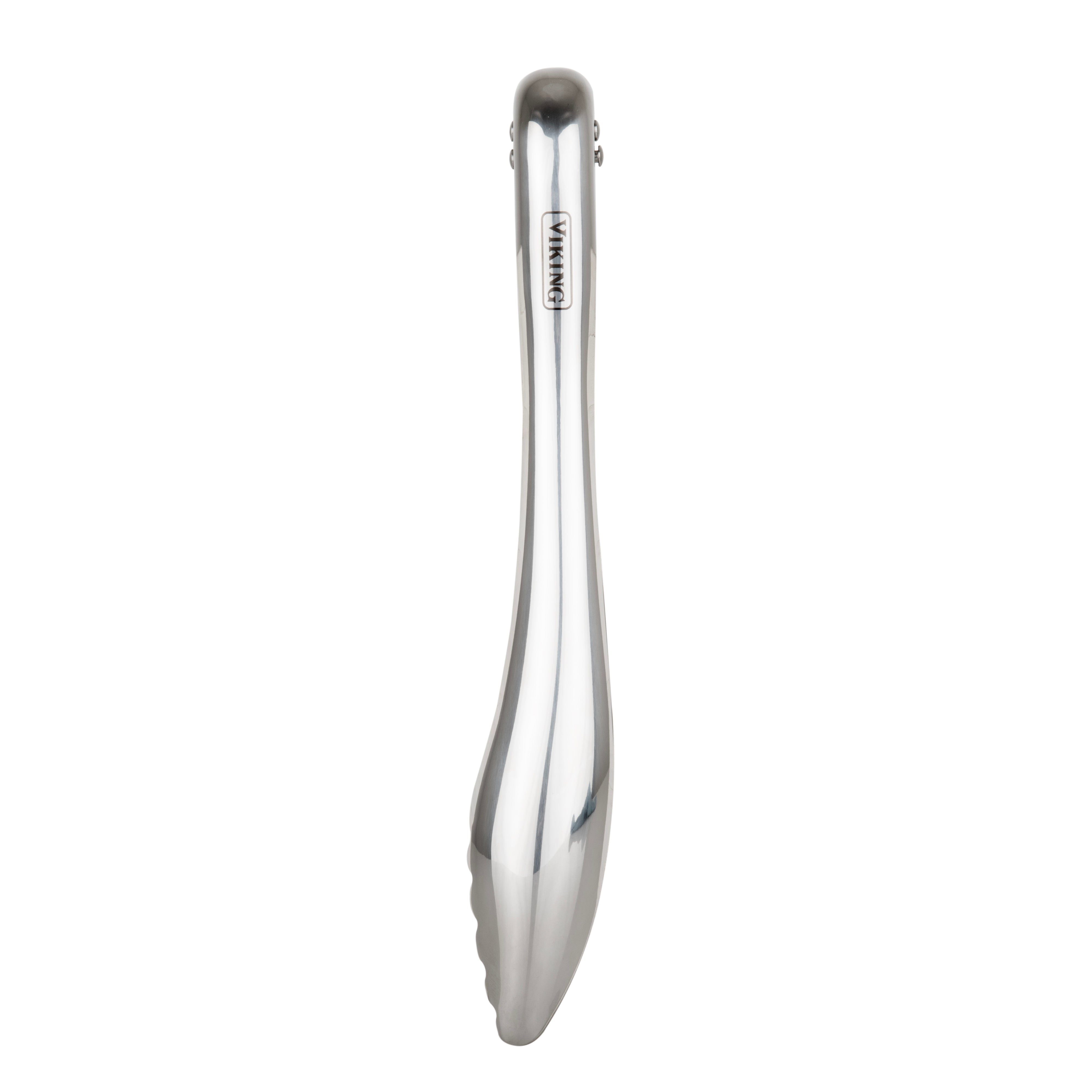 The Viking 12-inch Stainless Steel Gravity Tongs by Viking Culinary Products, shown closed and vertically positioned on a white background, feature a polished finish for enhanced control and one-handed operation.