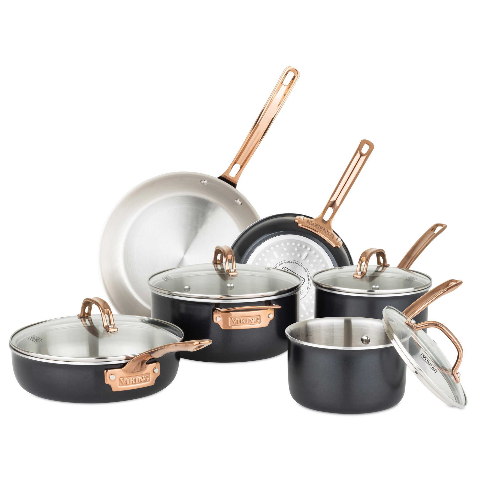 The Viking 3-Ply 10 Piece Black and Copper Cookware Set by Viking Culinary Products features frying pans, saucepans, and glass lids, designed for even heat distribution and induction use, shown on a white background.