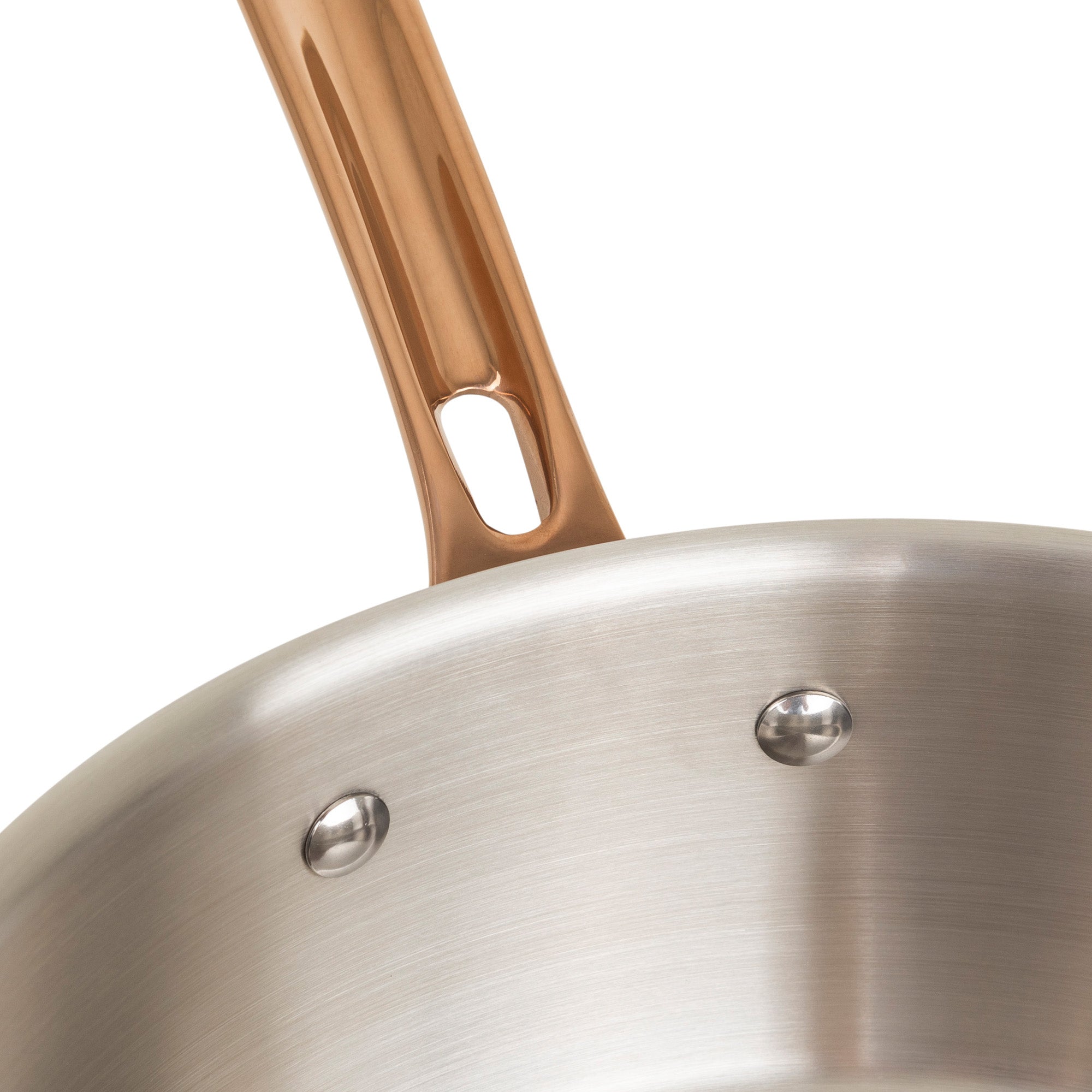 Close-up of the sturdy, riveted handle and rim on the Viking 10pc 3-Ply Black & Copper Stainless Steel Cookware Set by Viking Culinary Products—an example of induction-compatible, PFAS-free cookware.