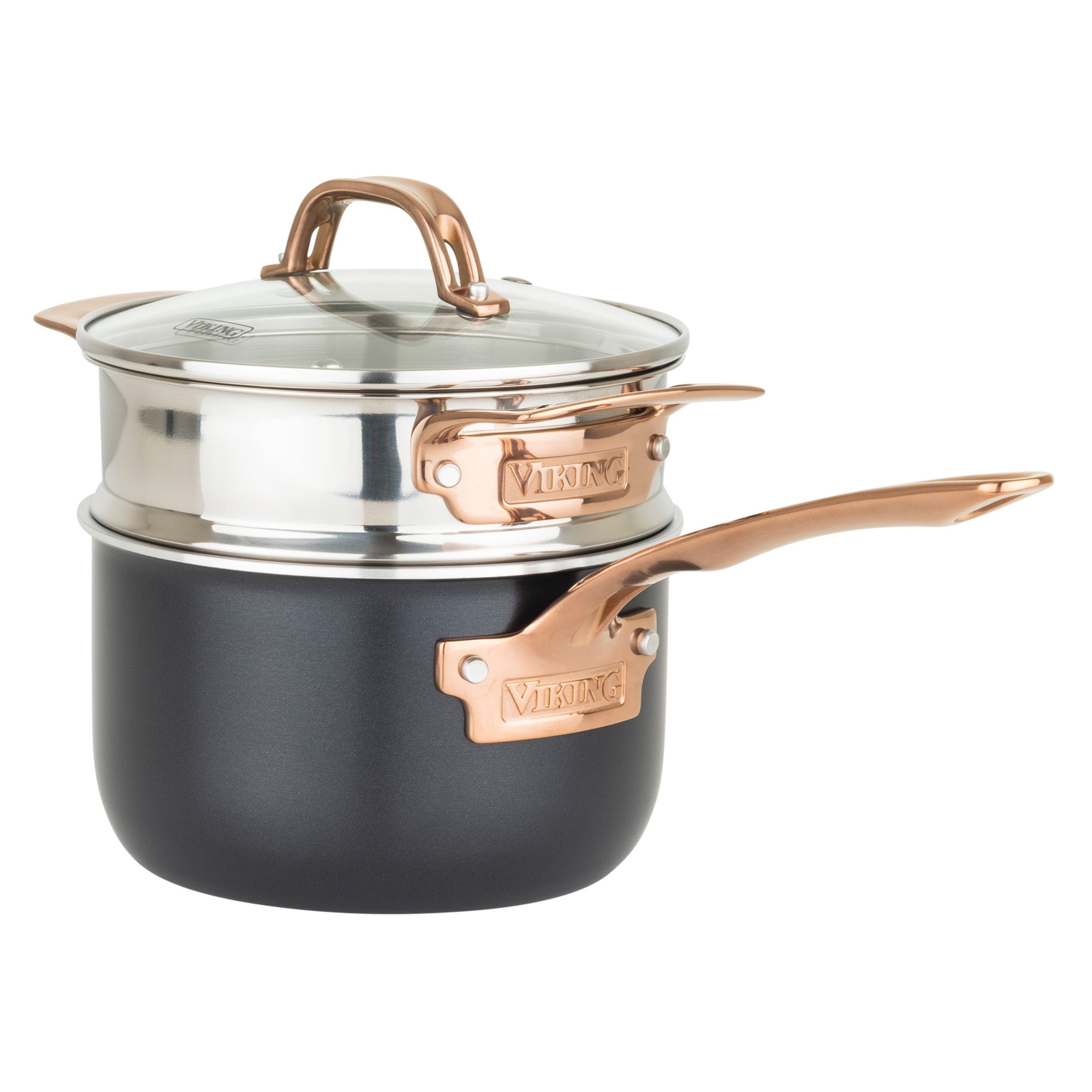 The Viking 3-Ply 11 Piece Black and Copper Cookware Set by Viking Culinary Products is shown against a white background, featuring glass lids and stylish black and copper finishes.