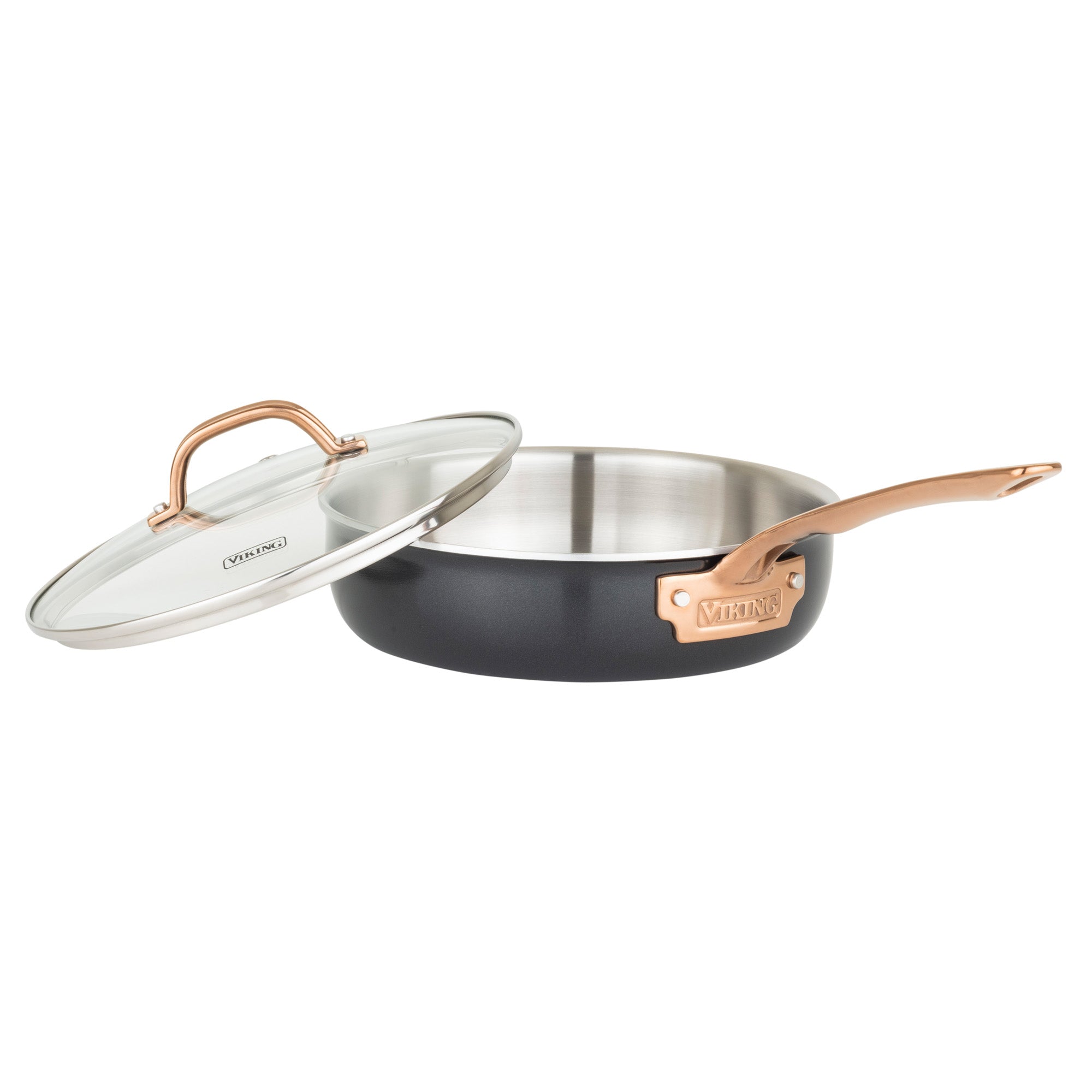 The Viking 3-Ply 10 Piece Black and Copper Cookware Set from Viking Culinary Products features a black sauté pan with copper handle and glass lid, both branded. Induction compatible stainless steel ensures even cooking. The lid rests partially off the pan.
