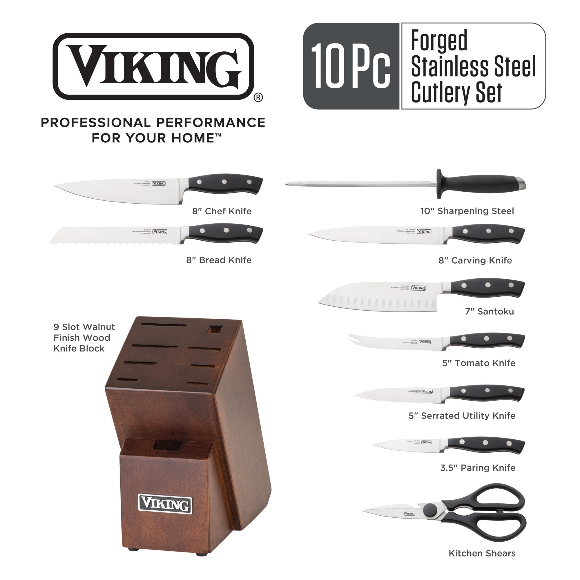 The Viking Culinary Products 10-Piece True Forged Cutlery Set includes premium stainless steel blades, kitchen shears, sharpening steel, and a chef knife in an ergonomic design with a labeled 9-slot walnut wood block.