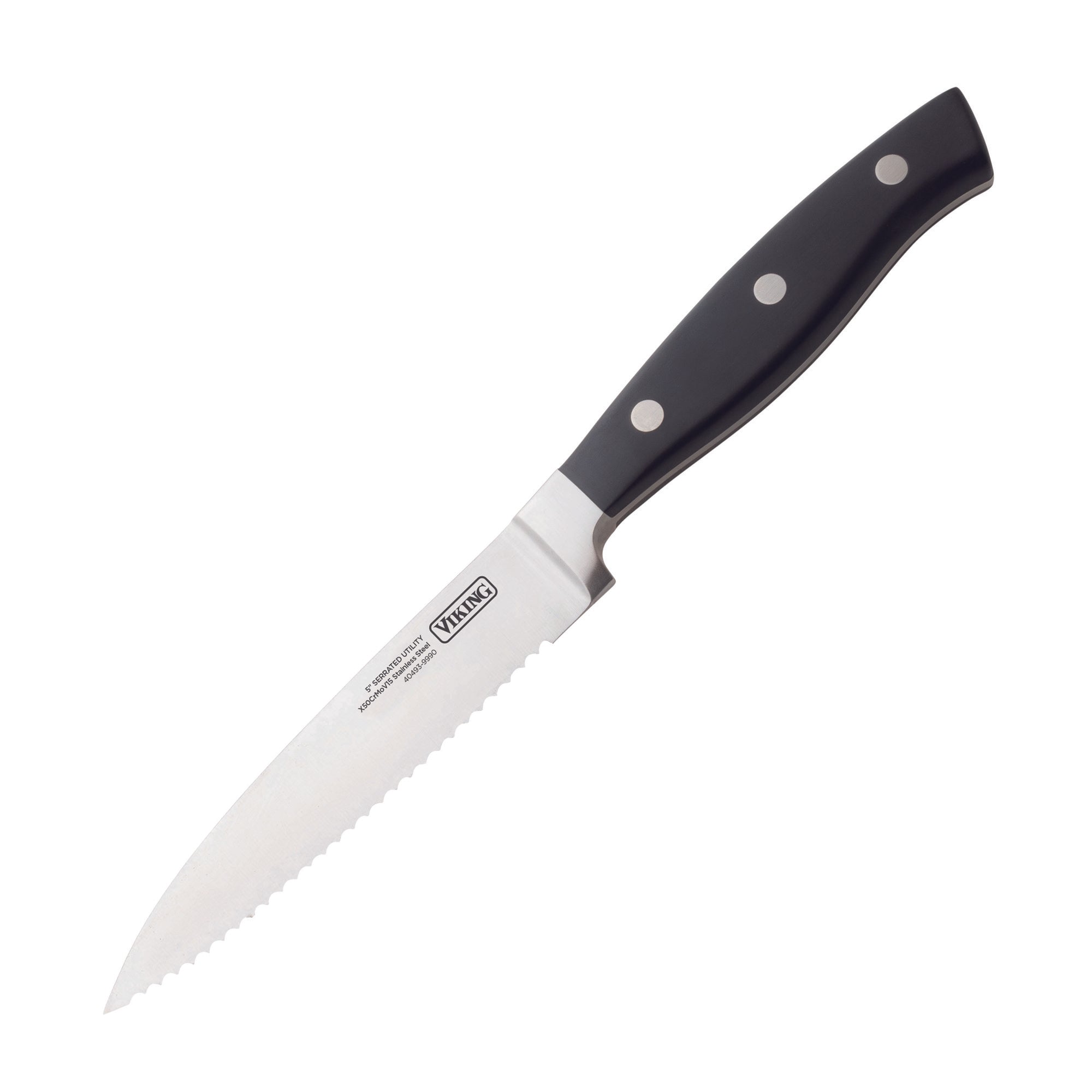 The Viking 10-Piece True Forged Cutlery Set by Viking Culinary Products features kitchen knives with serrated stainless steel blades, black ergonomic handles, and three silver rivets, displayed on a white background.