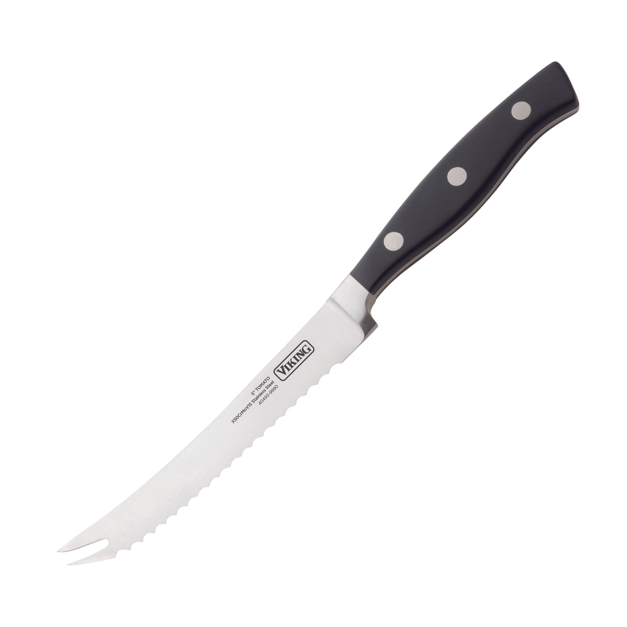 The Viking Culinary Products 10-Piece True Forged Cutlery Set with Block includes a serrated kitchen knife featuring an ergonomic black handle with three metal rivets, a forked tip for slicing and serving, and a durable stainless steel blade.