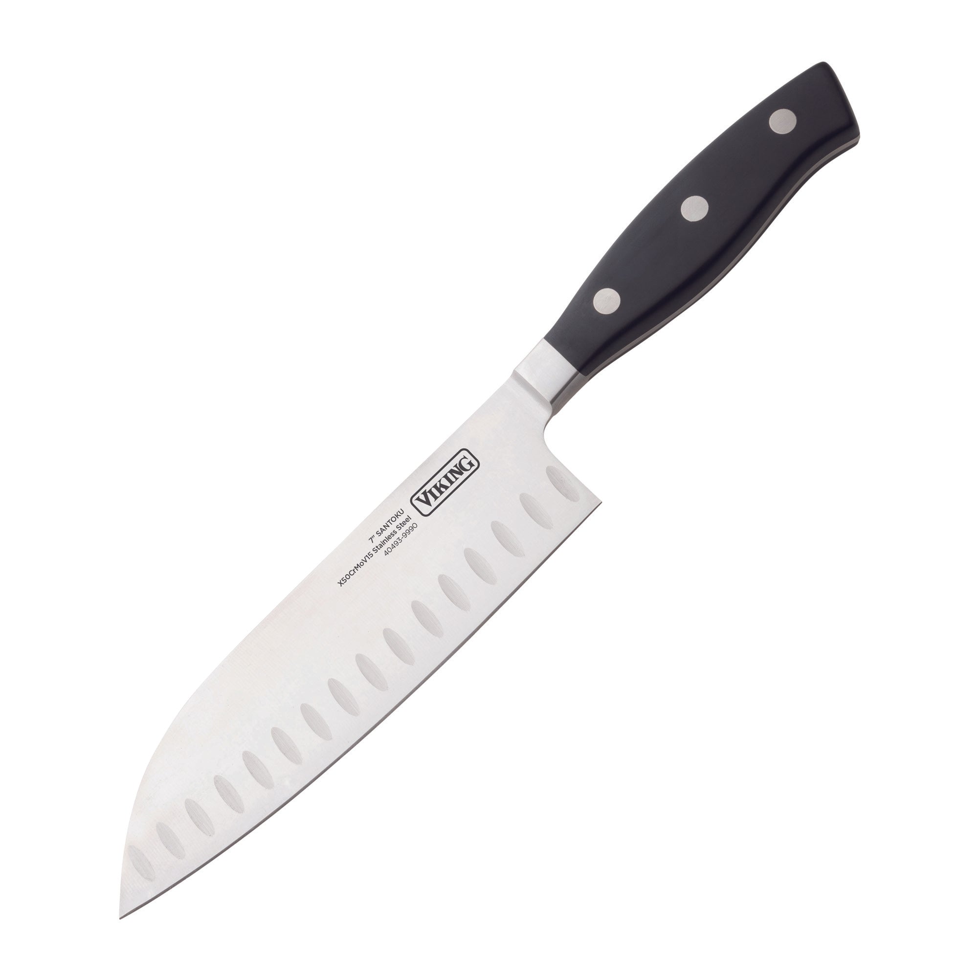 The Viking Culinary Products 10-Piece True Forged Cutlery Set with Block includes a Santoku chef knife made of stainless steel, with a black ergonomic handle, triple rivets, and a wide blade featuring indentations for smooth slicing.