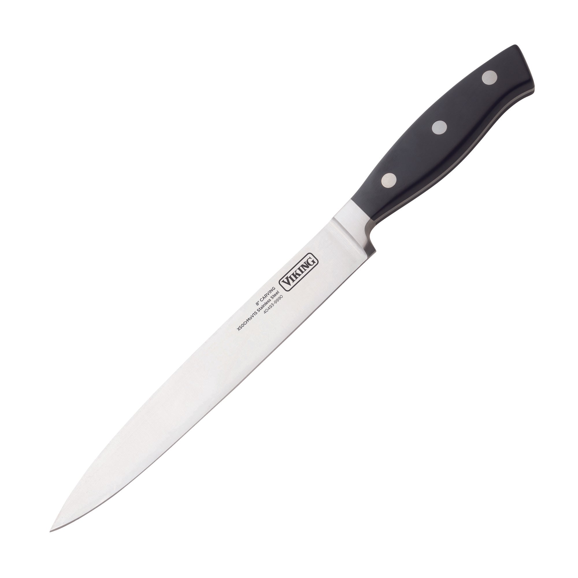 The Viking 10-Piece True Forged Cutlery Set by Viking Culinary Products features stainless steel knives with long, sharp blades and ergonomic black handles with three silver rivets, displayed on a white background.