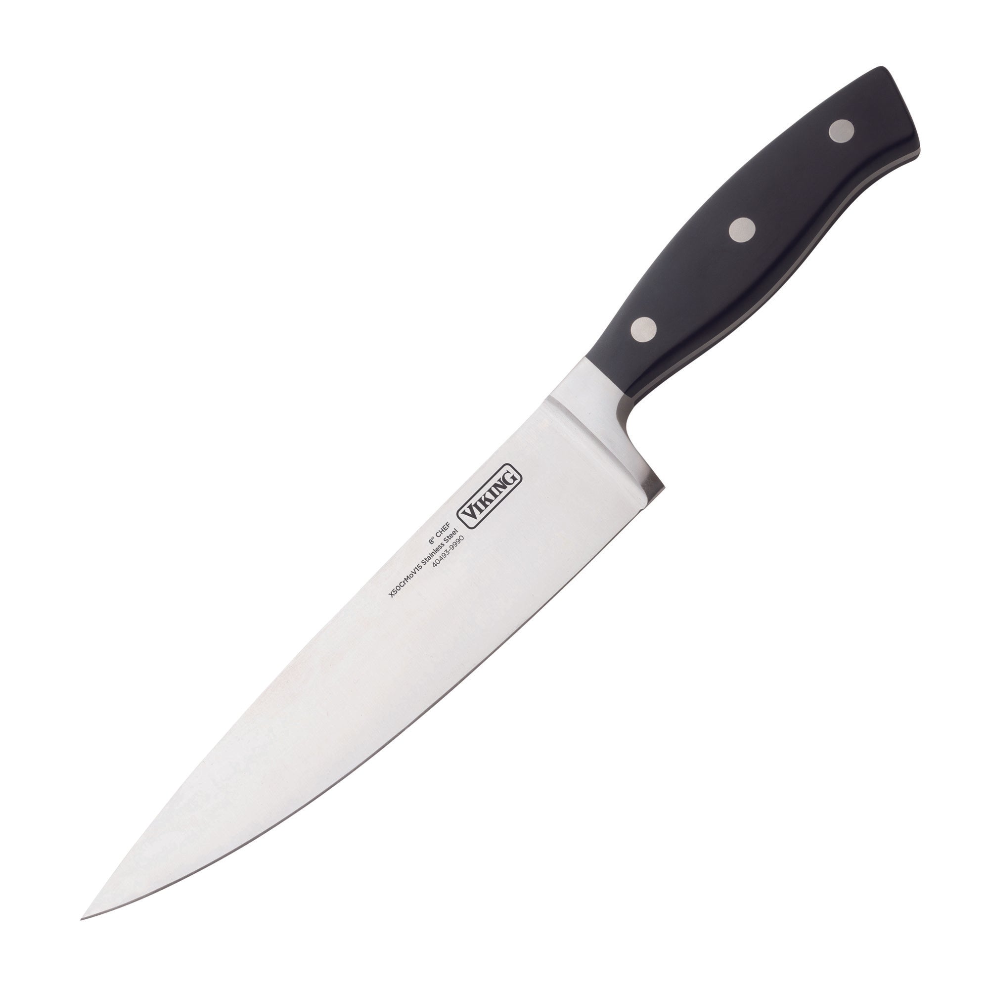 The Viking 10-Piece True Forged Cutlery Set from Viking Culinary Products includes a chef knife with an ergonomic black handle, stainless steel blade, and three metal rivets, displayed on a white background.