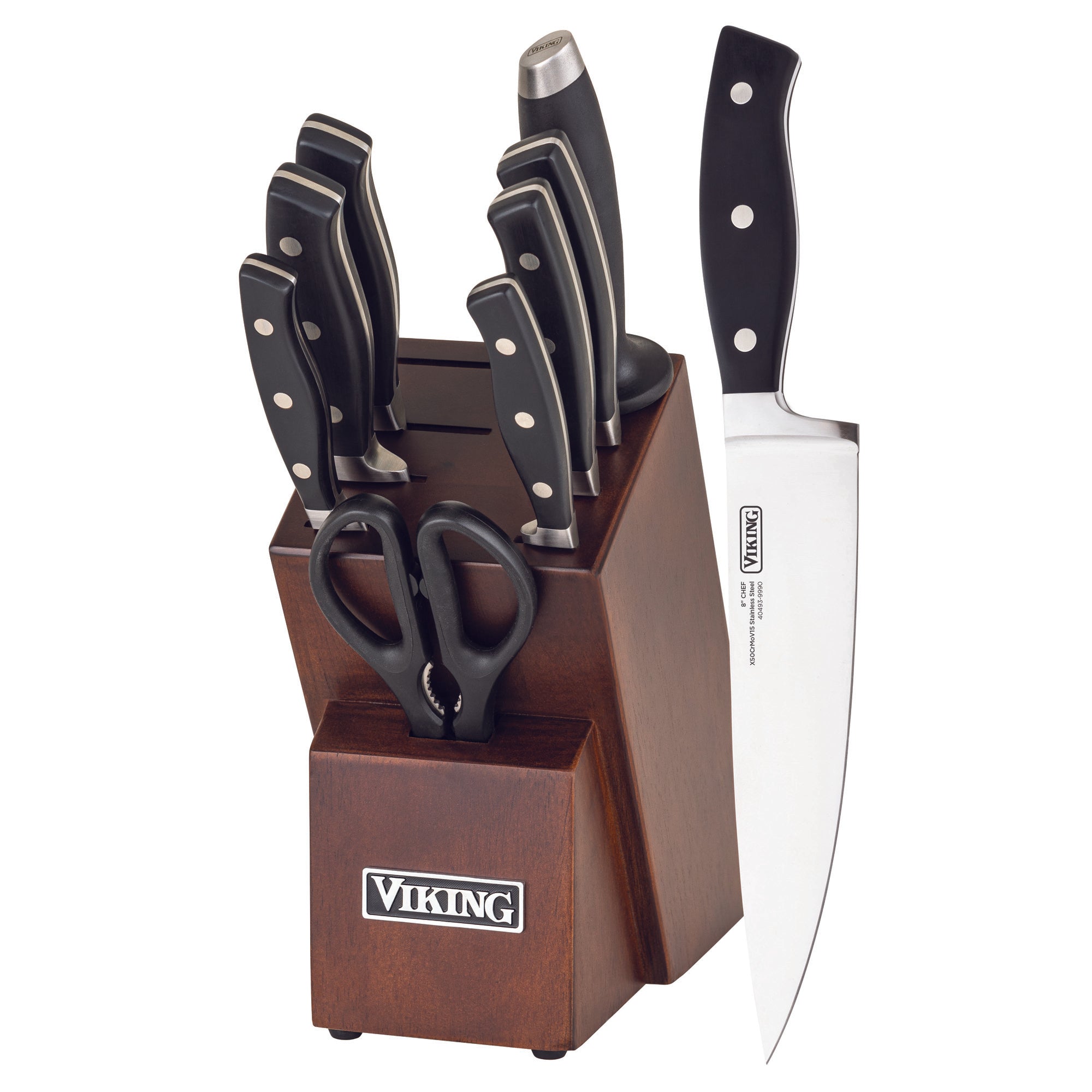 The Viking Culinary Products 10-Piece True Forged Cutlery Set includes black-handled knives and scissors with stainless steel blades in an ergonomic wooden block, featuring a large chef knife displayed in front.