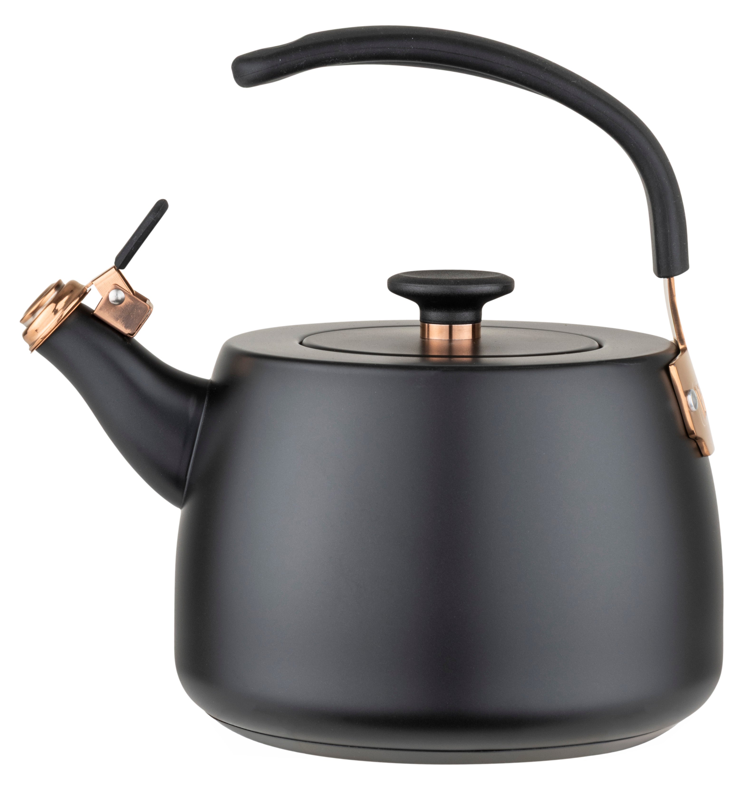 The Viking Culinary Products Viking 2.6 Qt Stainless Steel Modern Teakettle features a matte black body, a rounded design, a curved black handle, a short spout with lever, and elegant rose gold accents on the lid and handle base.