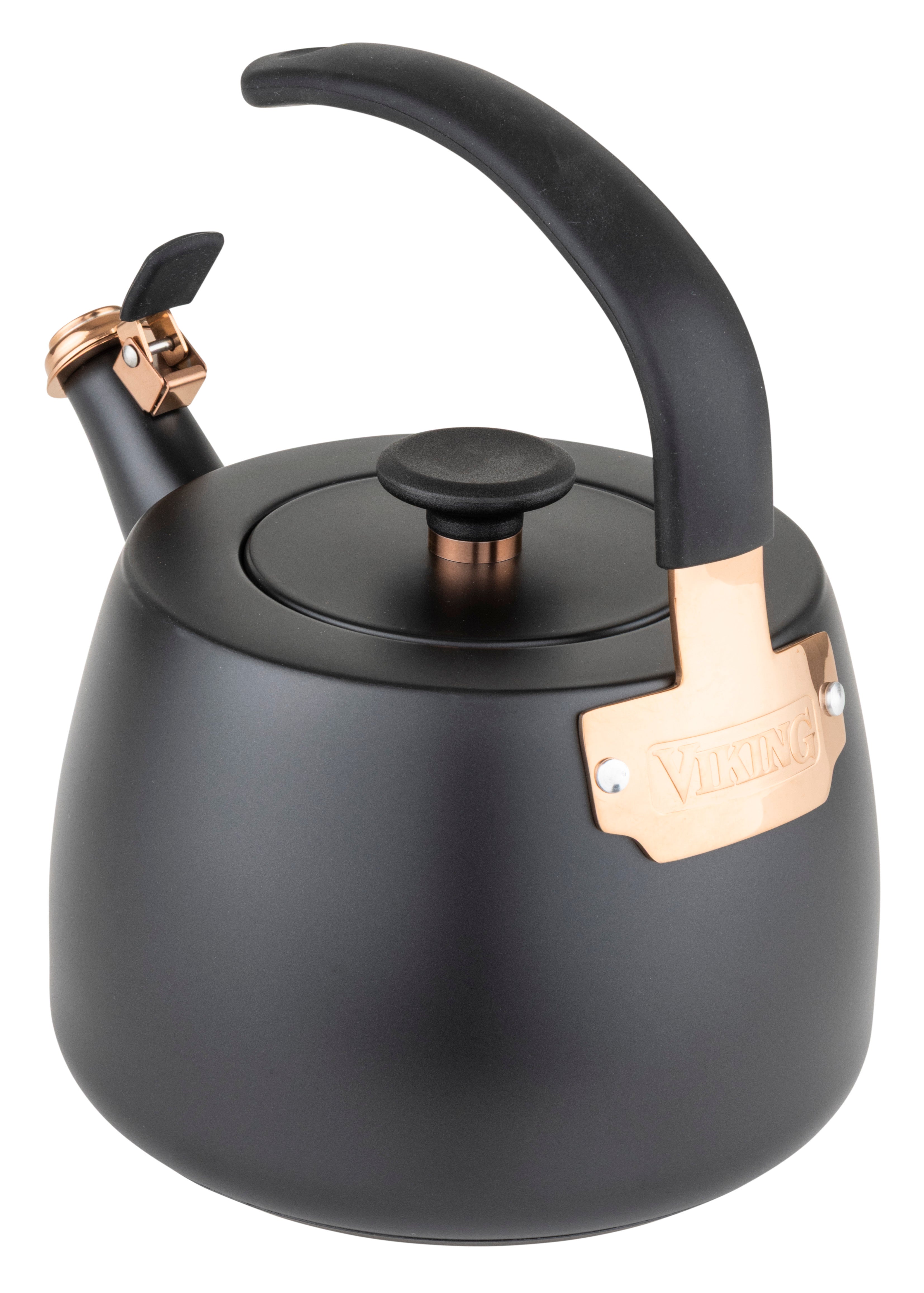 A Viking Culinary Products 2.6 Qt stainless steel modern teakettle with a matte black body, black handle, and rose gold accents is shown on a white background.