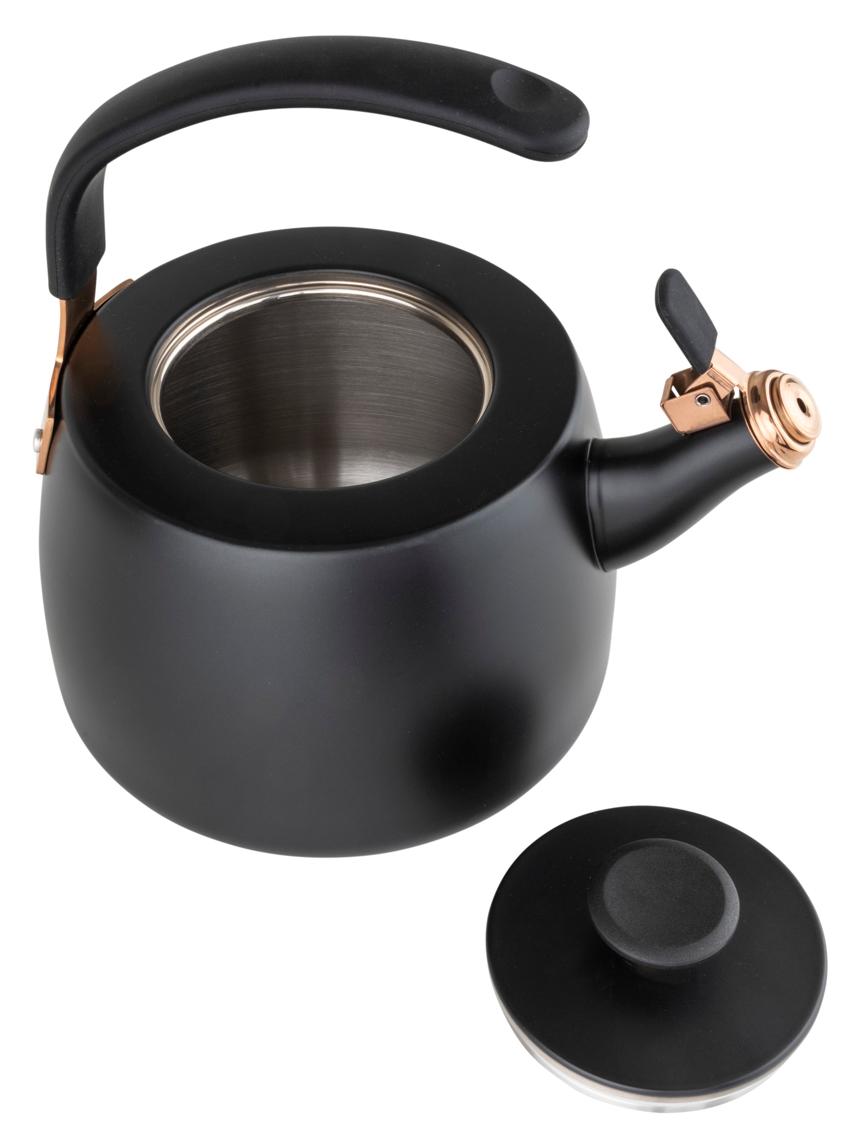 A Viking Culinary Products 2.6 Qt Stainless Steel Modern Teakettle with a black body and rose gold accents rests beside its matching lid, which has been removed and placed on the surface nearby, revealing the kettle's interior.