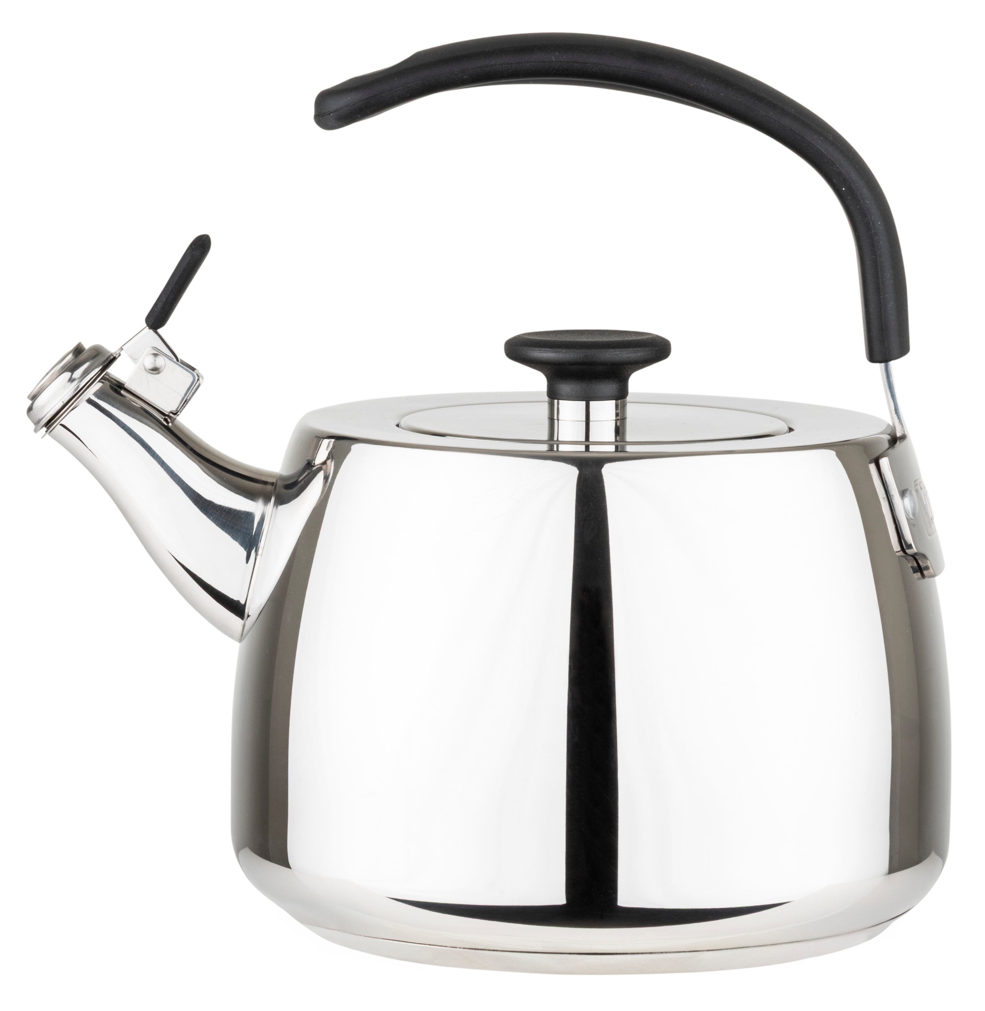 The Viking 2.6 Qt Stainless Steel Modern Teakettle by Viking Culinary Products features a mirror finish and a sleek black curved handle with a spout lever, beautifully showcased against a white background.