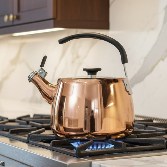 A Viking 2.6 Qt Stainless Steel Modern Teakettle with a 3-ply base and rose gold finish from Viking Culinary Products, featuring a heat-resistant handle, sits on a gas stove, heating above a blue flame in a modern kitchen with marble backsplash and wooden cabinets.