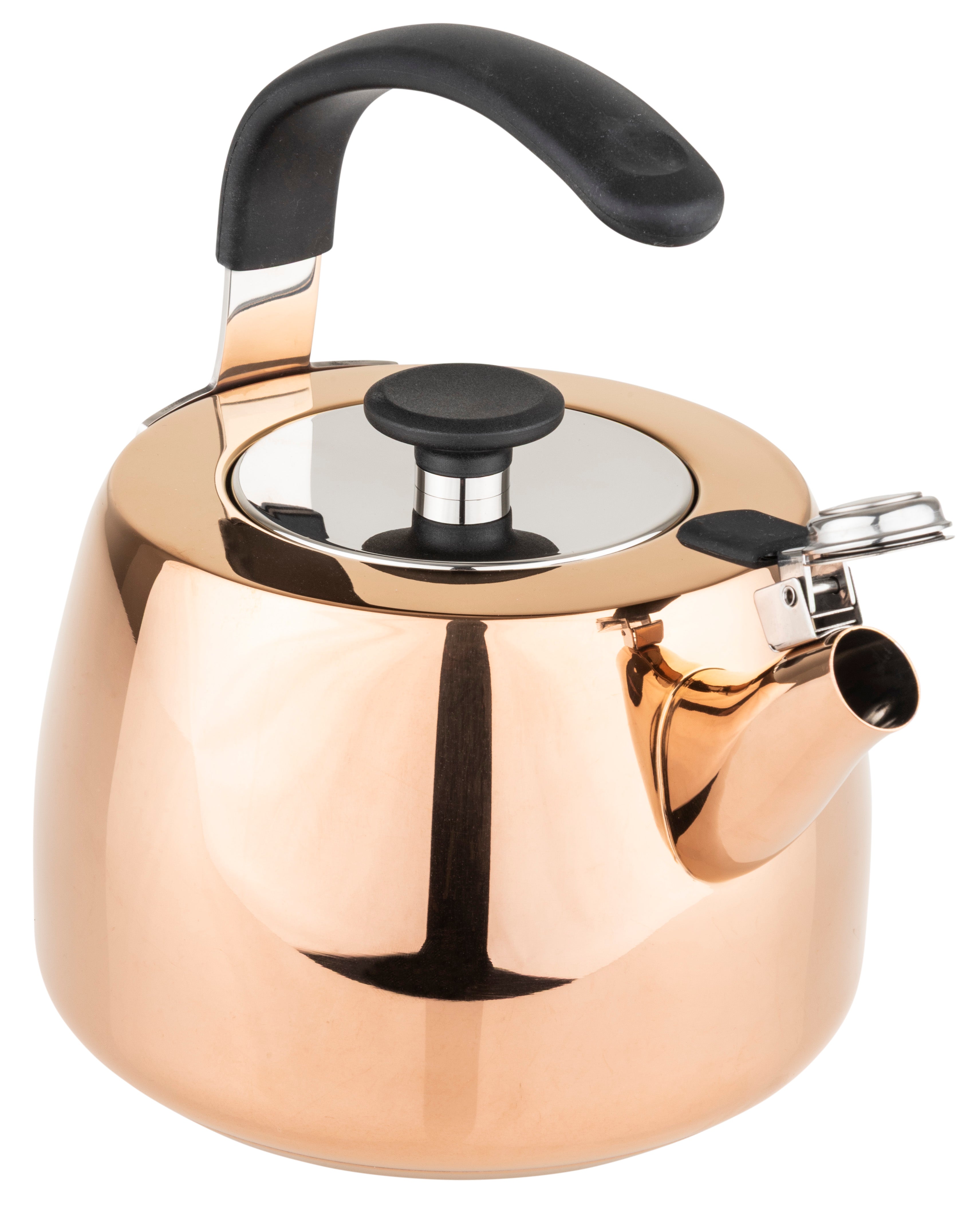 The Viking 2.6 Qt Stainless Steel Modern Teakettle with a 3-ply base by Viking Culinary Products features a gleaming rose gold finish, a black handle, and a closed lid. Set against a white background, its spout includes a metal lever for easy opening.