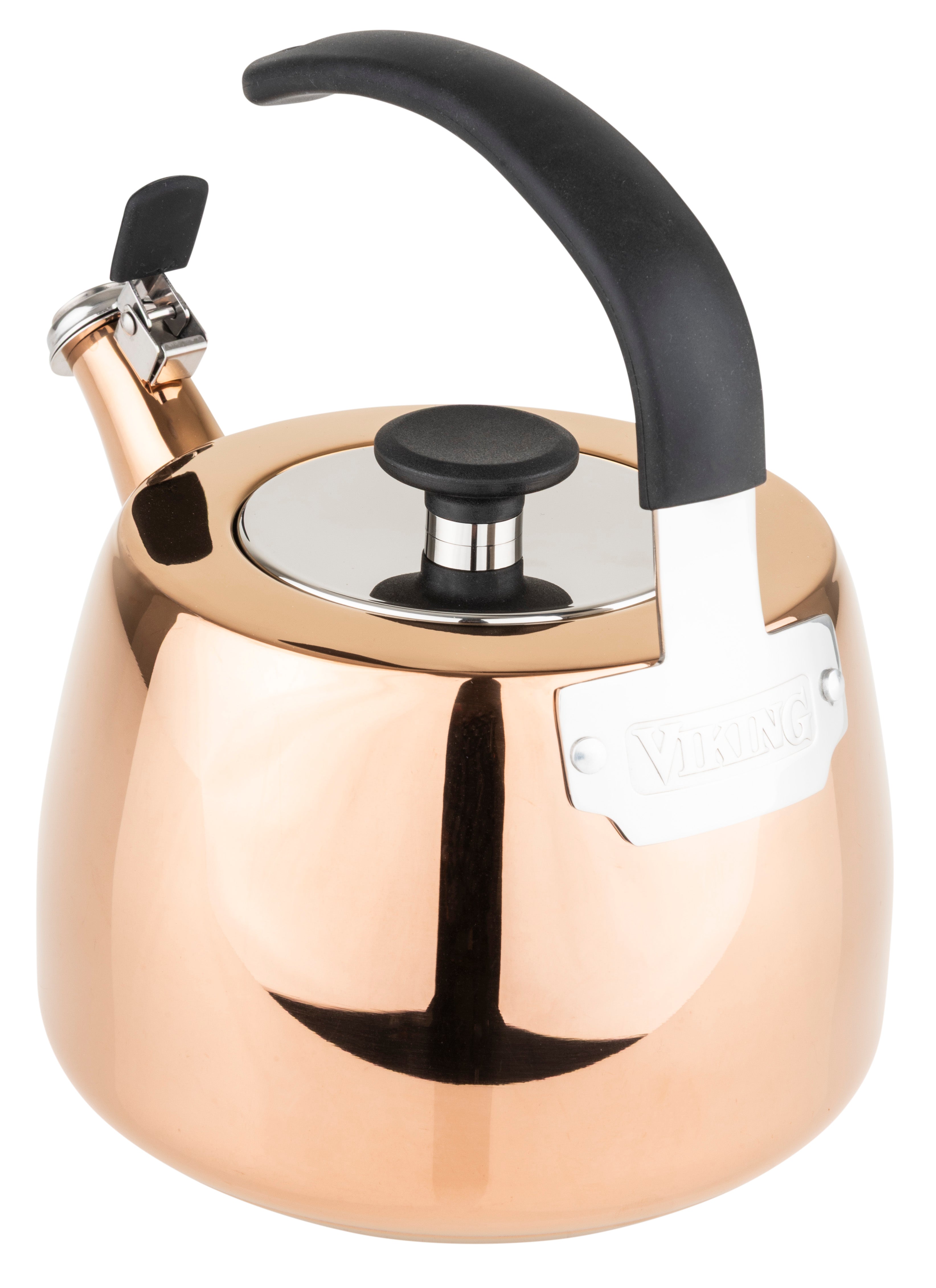 A sleek, rose gold Viking 2.6 Qt Stainless Steel Modern Teakettle with a black handle and spout lever, featuring a stainless steel lid and a metal plate on the side embossed with the Viking Culinary Products brand name.