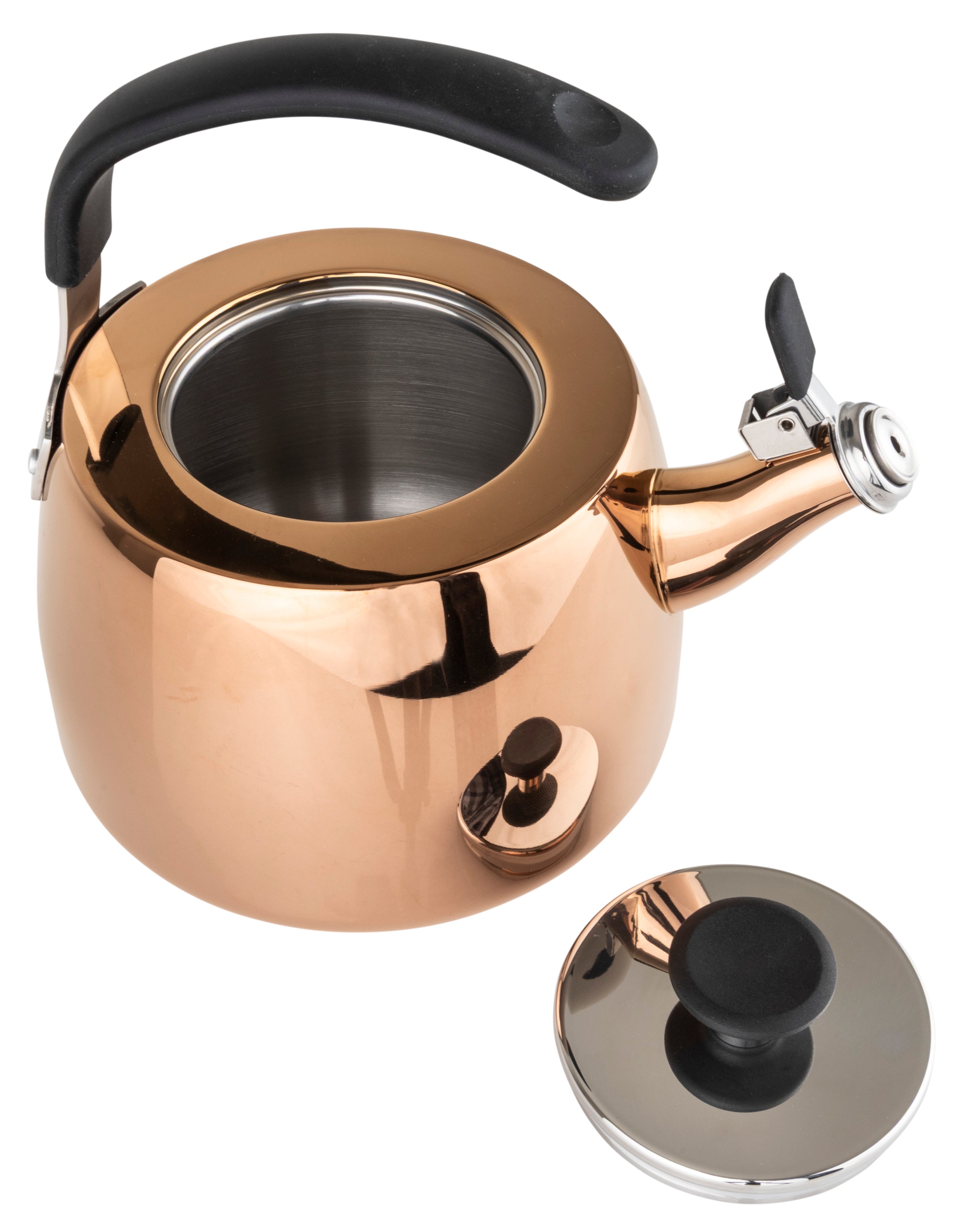 A rose gold Viking 2.6 Qt Stainless Steel Modern Teakettle with a black handle and an open spout sits beside its removed stainless steel lid featuring a black knob.