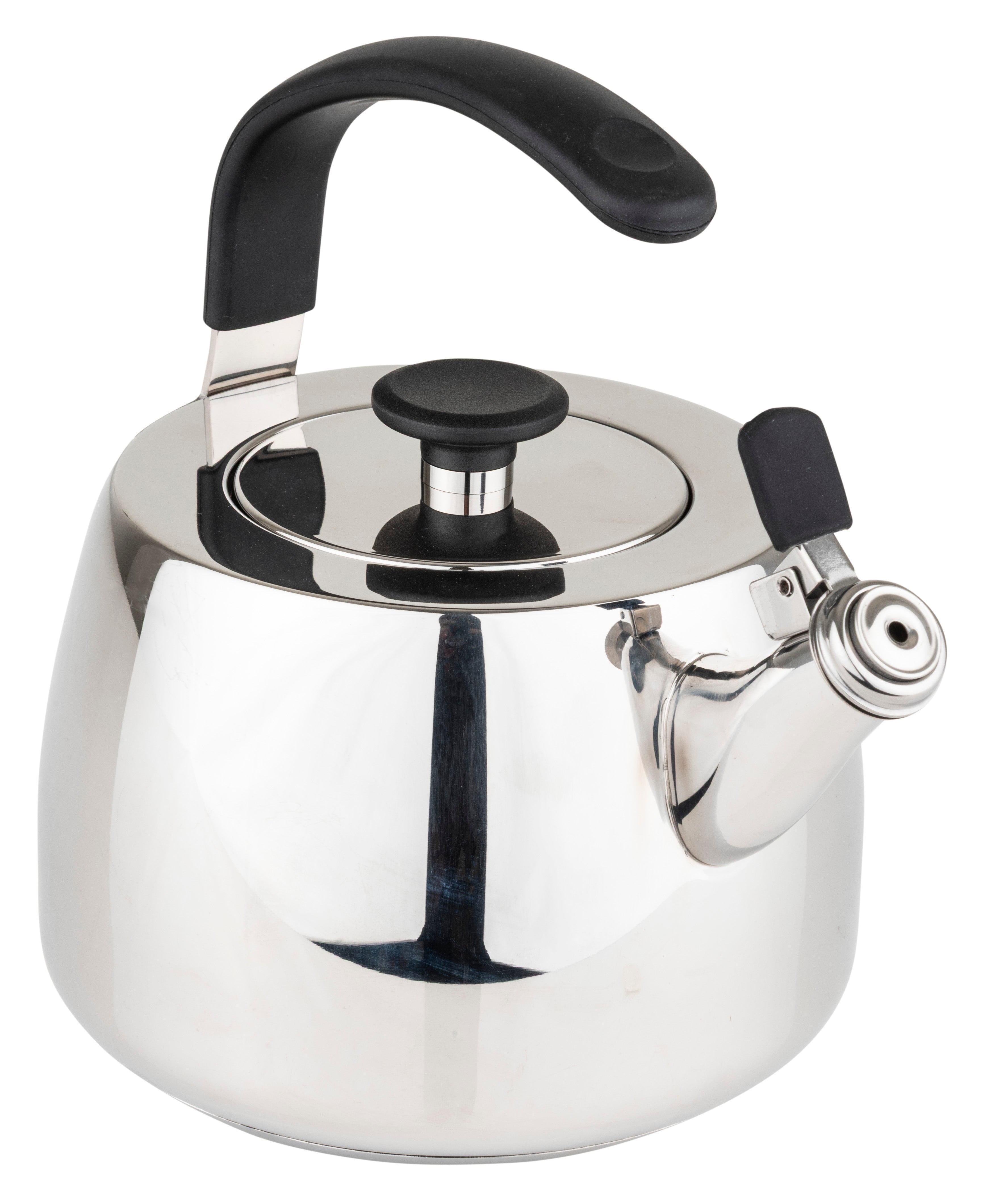 The Viking 2.6 Qt Stainless Steel Modern Teakettle by Viking Culinary Products is displayed against a white background, featuring a shiny, mirror-finish surface. It includes a black handle and spout lever, as well as a removable lid topped with a matching black knob.