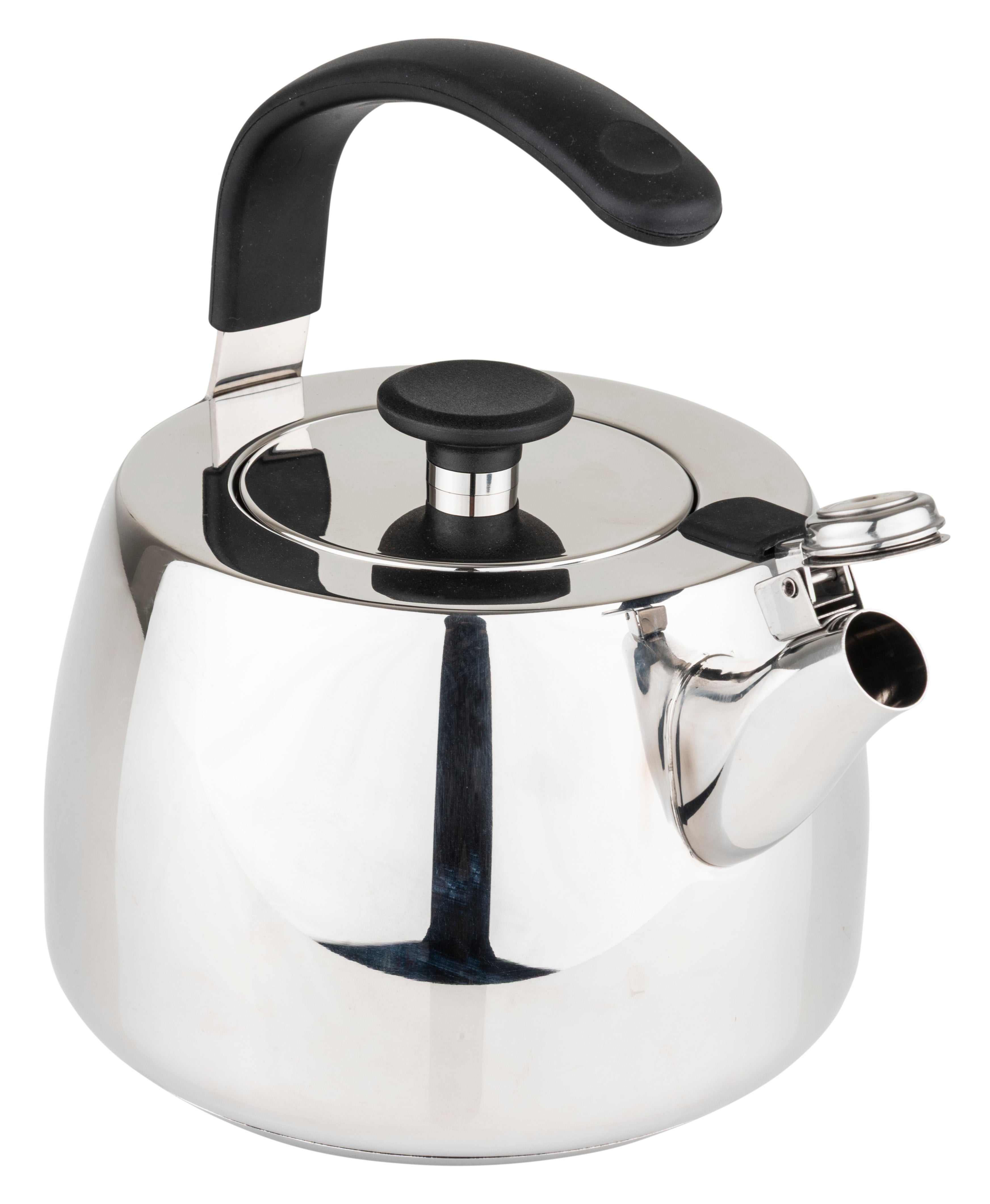 The Viking 2.6 Qt Stainless Steel Modern Teakettle with a 3-ply base from Viking Culinary Products shines in mirror-finish stainless steel, featuring a black handle and lid, and a spout with a hinged cover, all set against a white background.