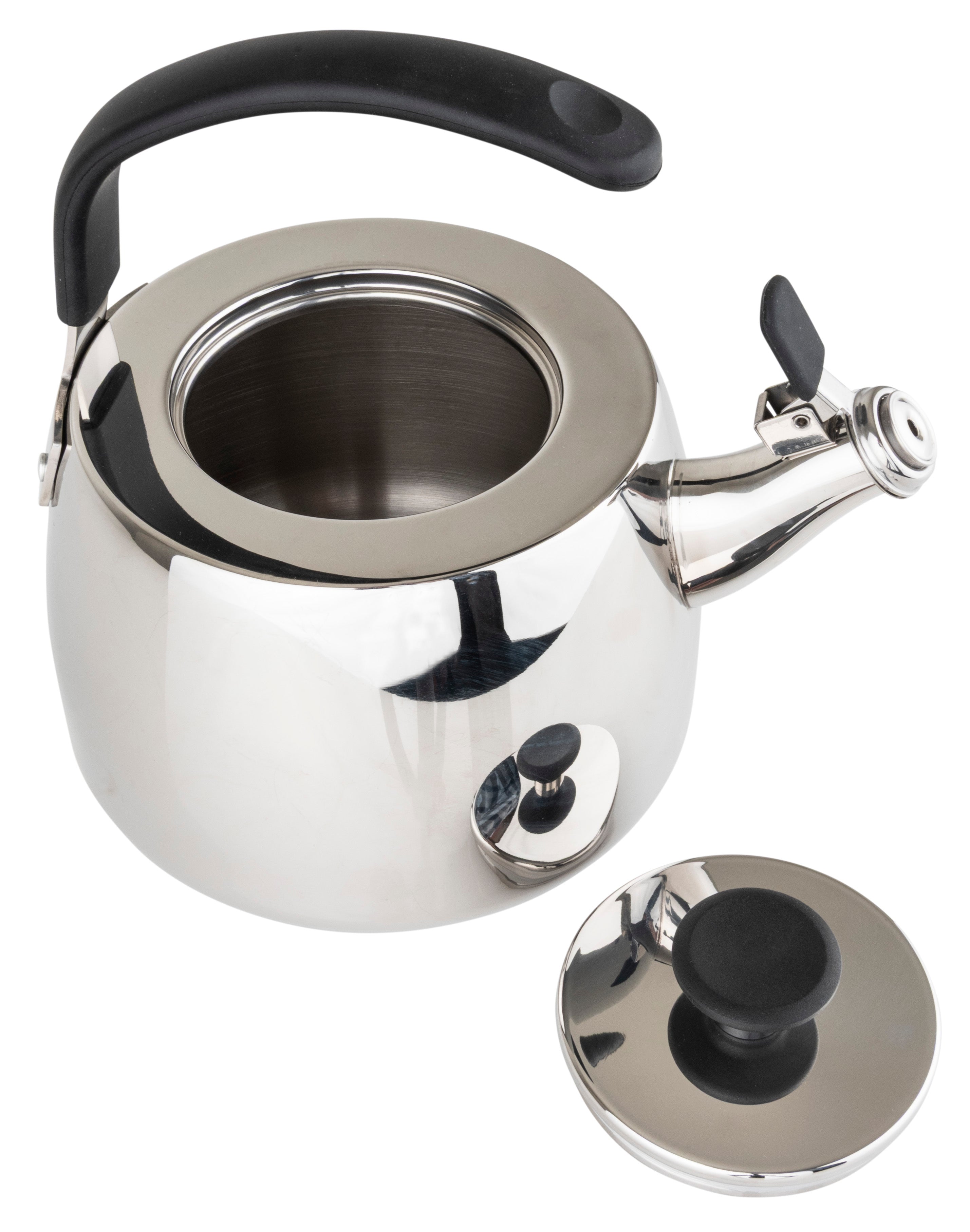 The Viking 2.6 Qt Stainless Steel Modern Teakettle with a mirror finish, from Viking Culinary Products, features a black handle and spout lever, and is pictured with its lid removed and placed beside the kettle against a white background.