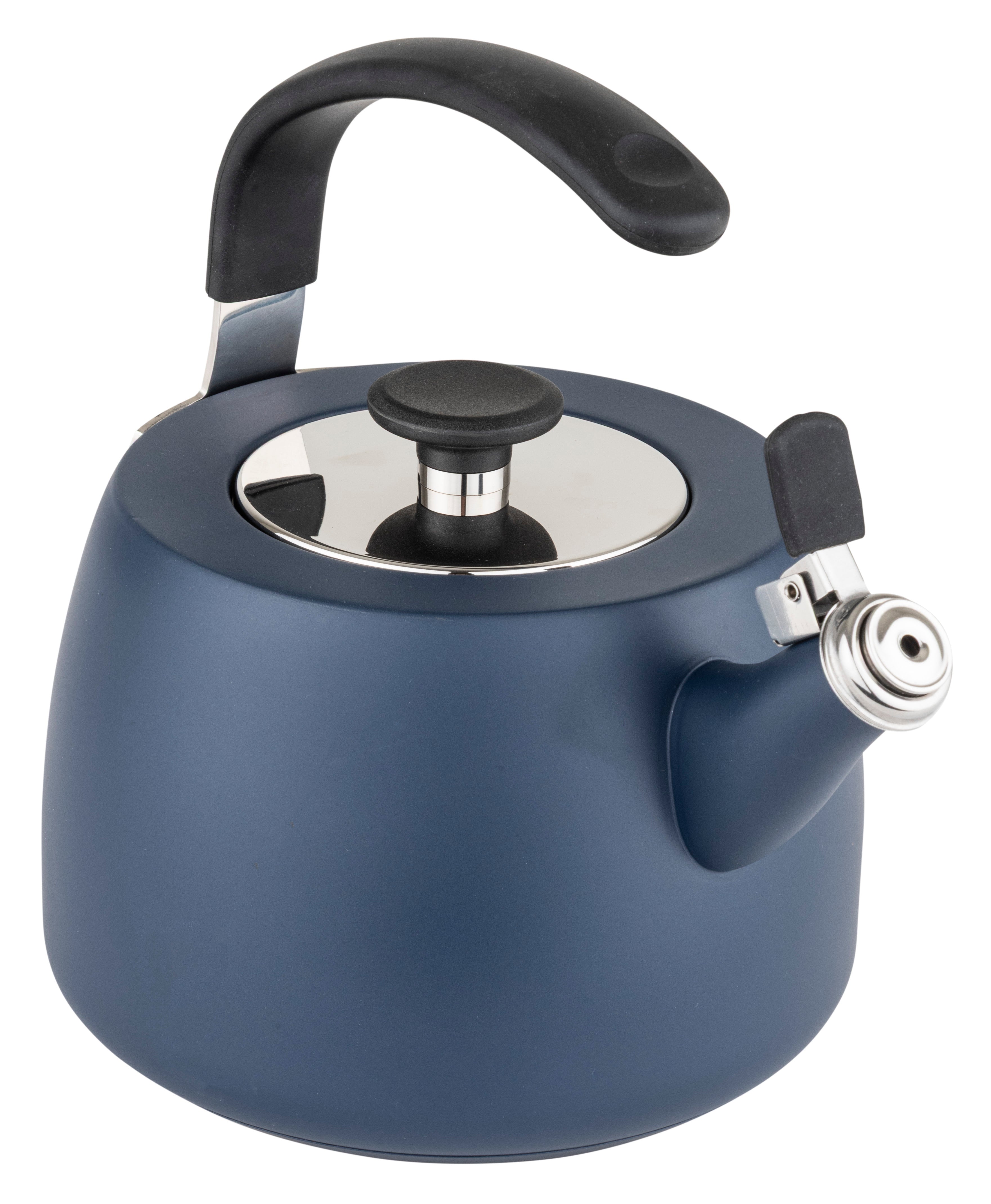 The Viking 2.6 Qt Stainless Steel Modern Teakettle from Viking Culinary Products features a slate blue matte finish, a black curved handle, a silver lid, and a lever-controlled spout. Its modern, simple design and 3-ply base combine both style and functionality.