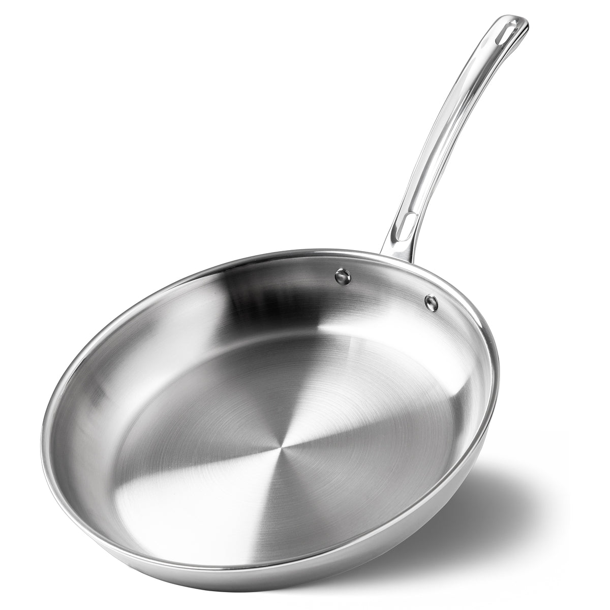 The Viking Artisan 3-Ply Stainless Steel 12-Inch Fry Pan by Viking Culinary Products features a shiny stainless steel surface, angled long handle, and is induction compatible for versatile cooking.