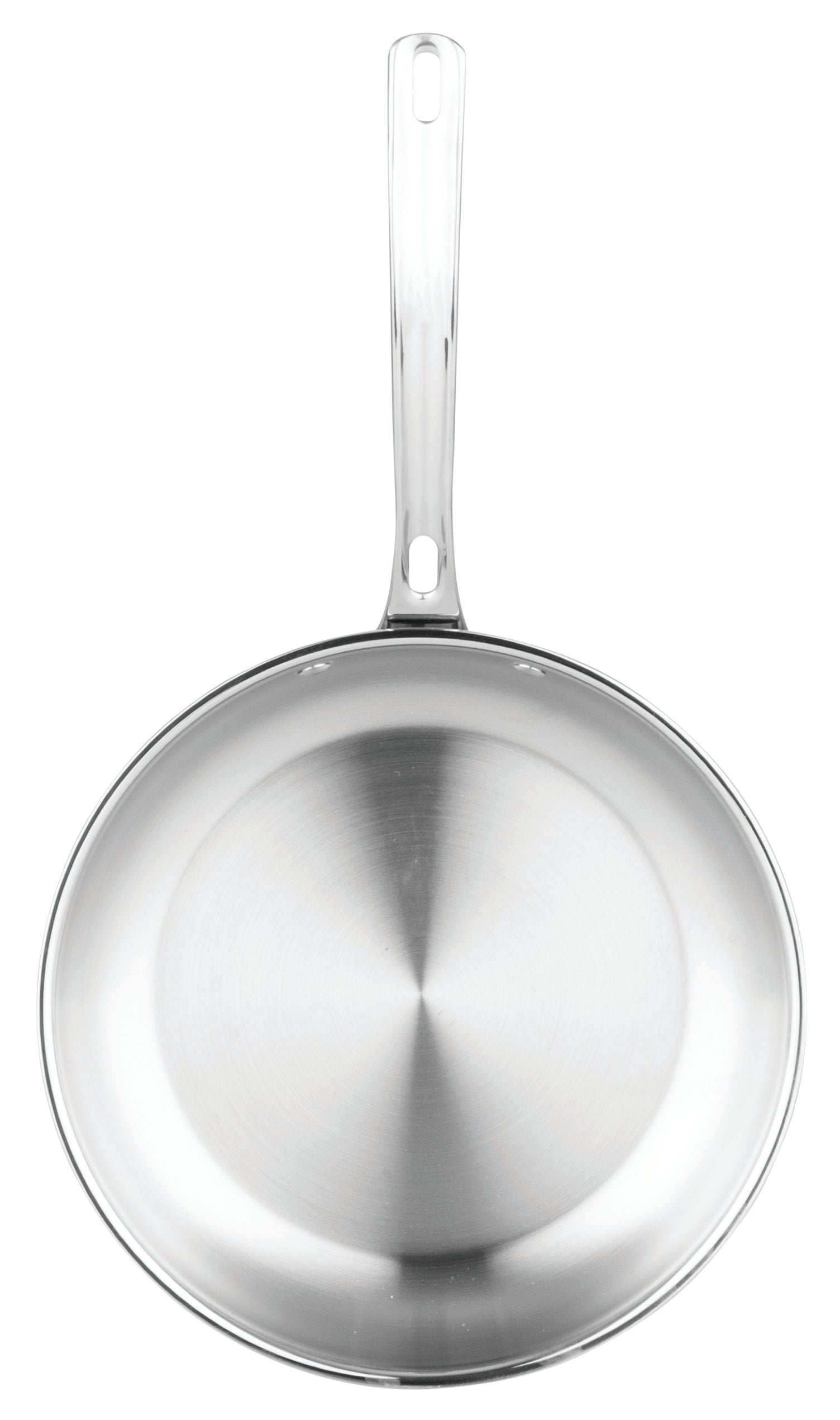 A top-down view of the Viking Artisan 3-Ply Stainless Steel 12-Inch Fry Pan by Viking Culinary Products, induction compatible with a metal handle, shown empty and upright against a plain white background.
