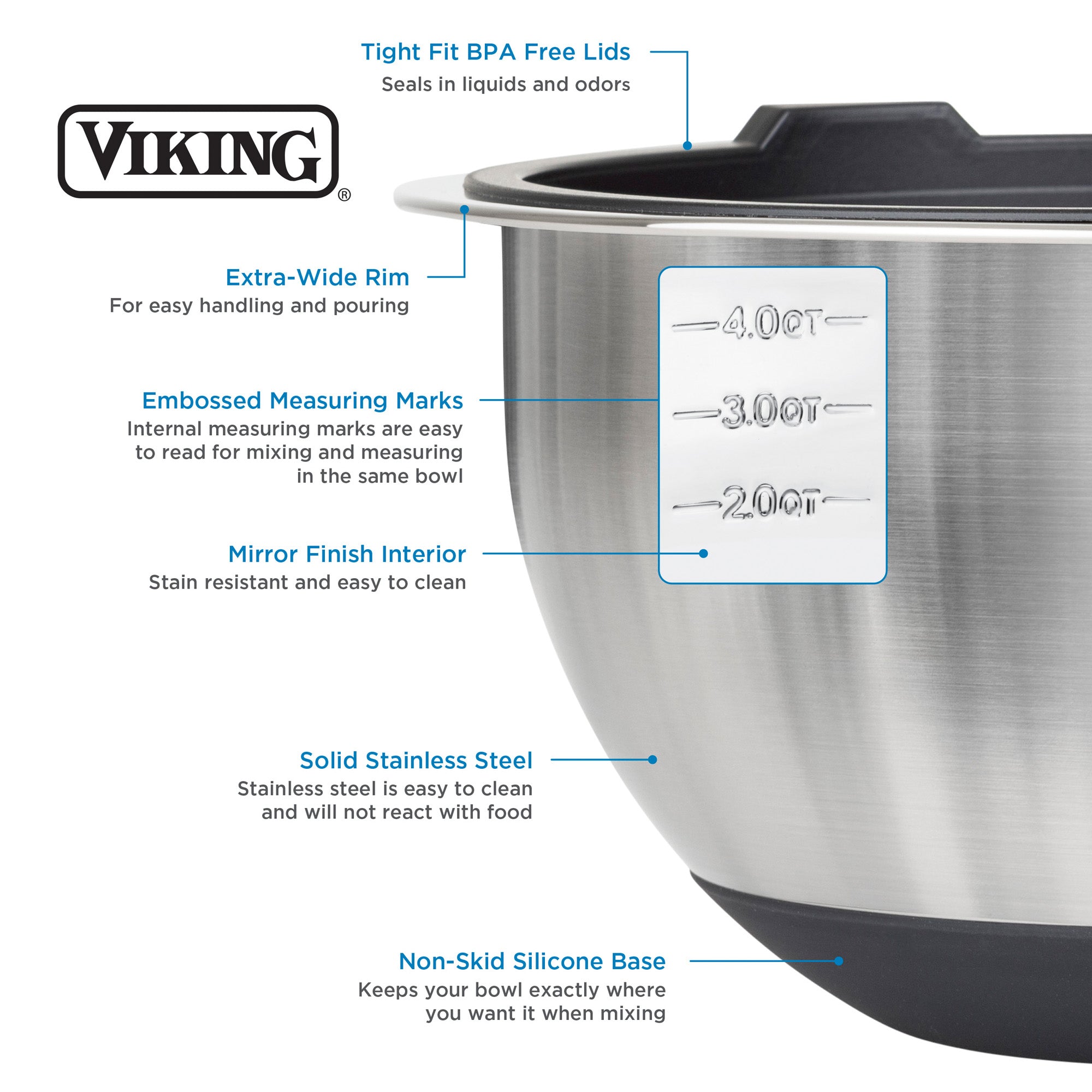 The Viking 8-Piece Stainless Steel Mixing Bowl Set with Lids by Viking Culinary Products features airtight BPA-free lids, extra-wide rims, embossed measurements, a mirror-finish interior, and non-skid silicone bases.