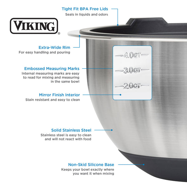 Viking 10-Piece Stainless Steel Mixing Bowl Set with Lids, Black – Viking  Culinary Products