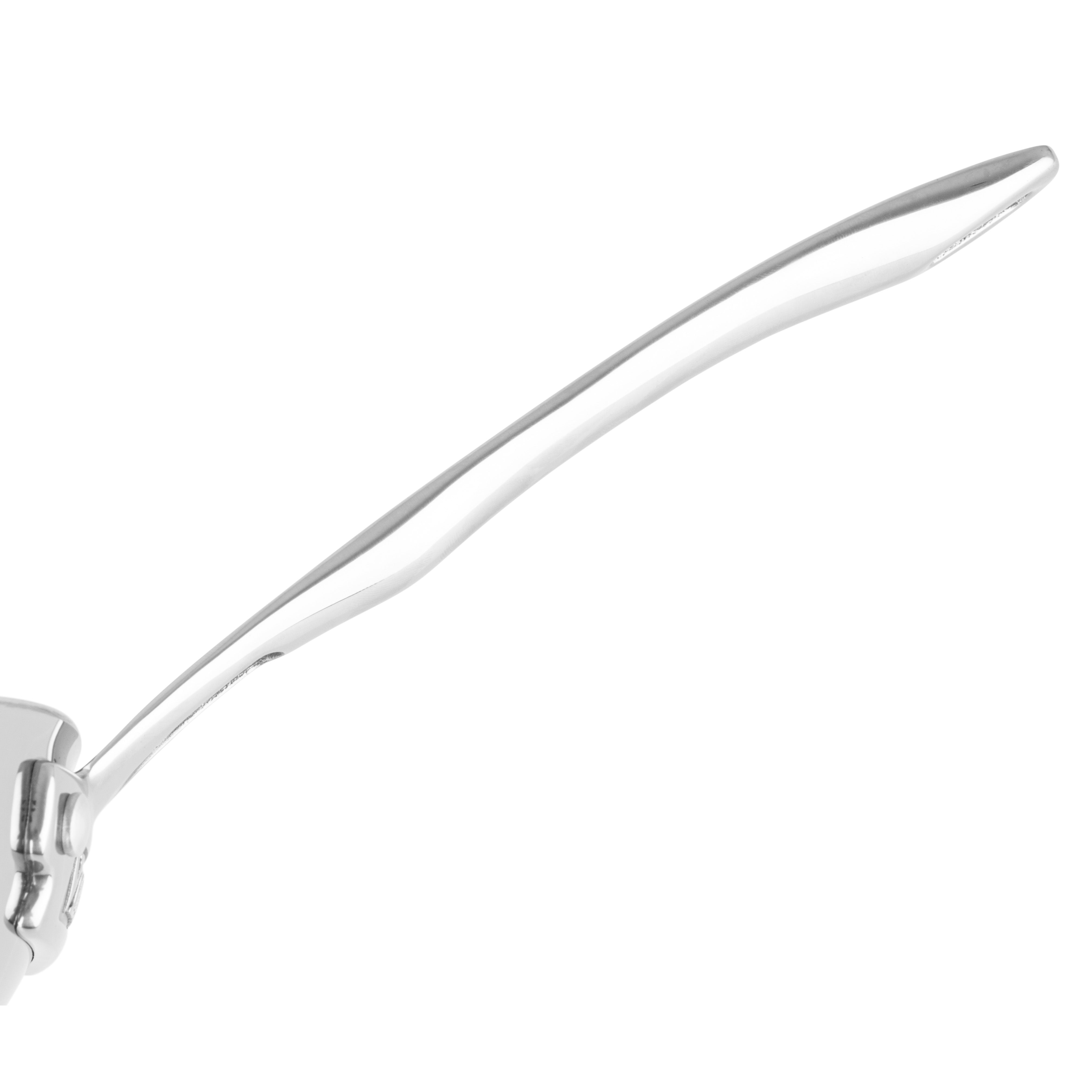 Close-up of the metallic arm of a pair of eyeglasses, its smooth, shiny surface and curved design echoing the sleek finish of the Viking 3-Ply Hybrid Plus Ceramic 12-inch Nonstick Fry Pan by Viking Culinary Products—set against a white background.