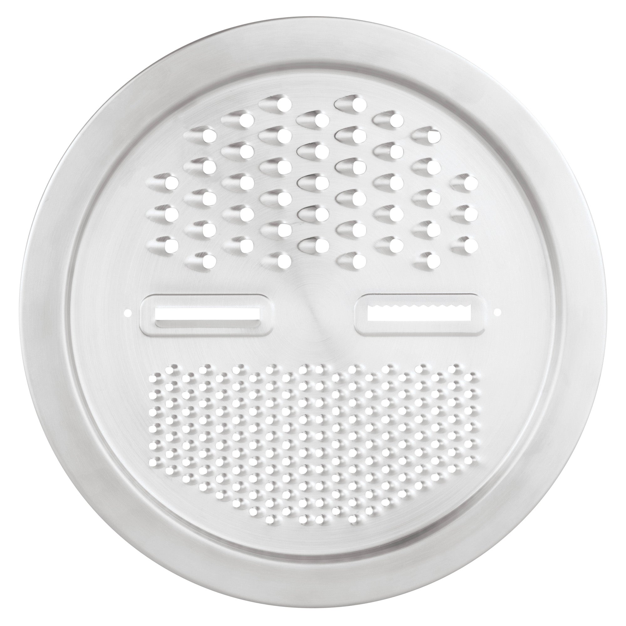 The Viking 8-Piece Stainless Steel Mixing Bowl Prep Set by Viking Culinary Products features a gray round metal lid with large and small holes plus slits, ideal for shredding, slicing, and grating food. Shown on a white background.