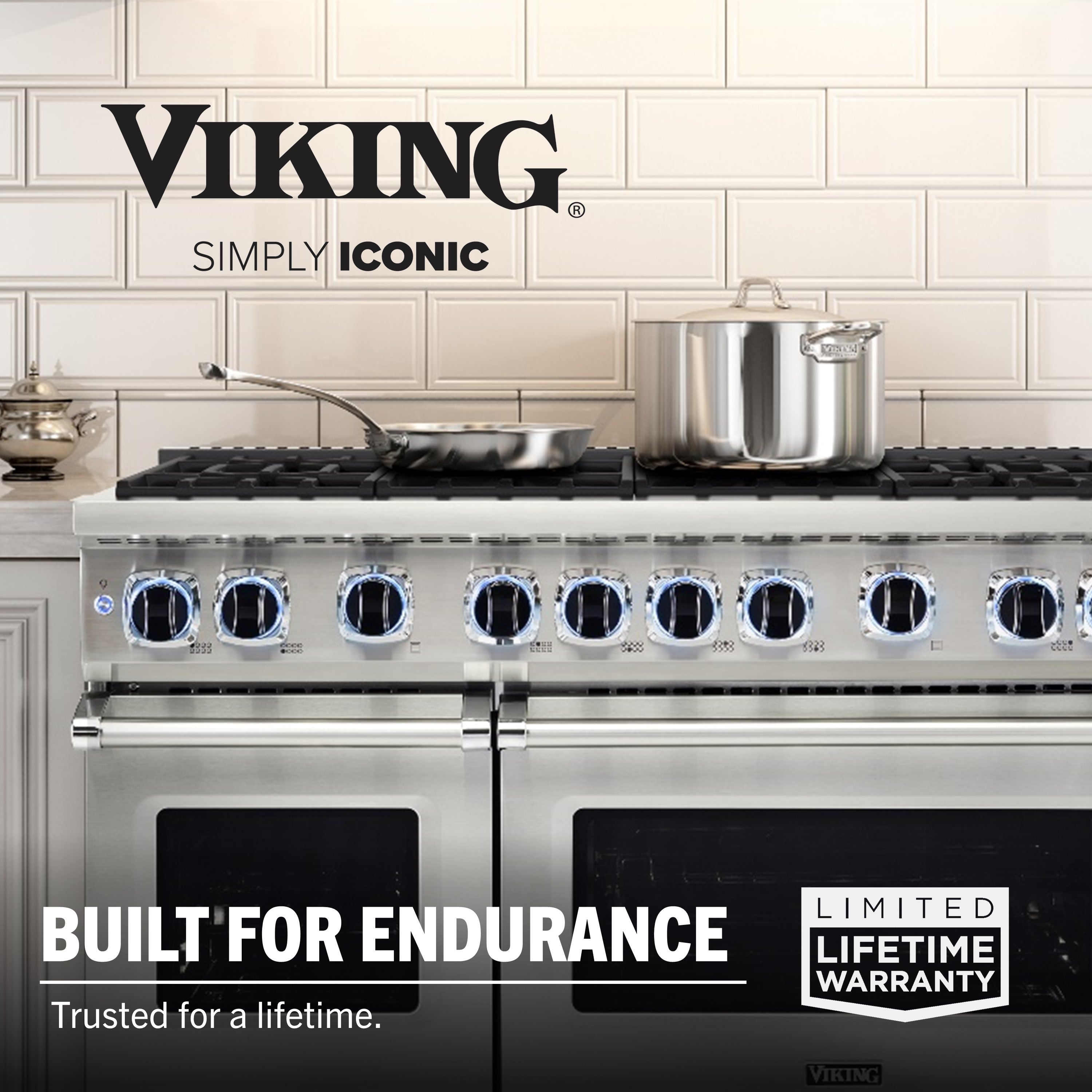 A stainless steel Viking stove with blue-lit knobs and a pot on the burner, showcasing Viking Artisan 3-Ply 2-Piece Fry Pan Set 10" & 12" from Viking Culinary Products. “Built for Endurance. Limited Lifetime Warranty.” Viking logo appears at the top.