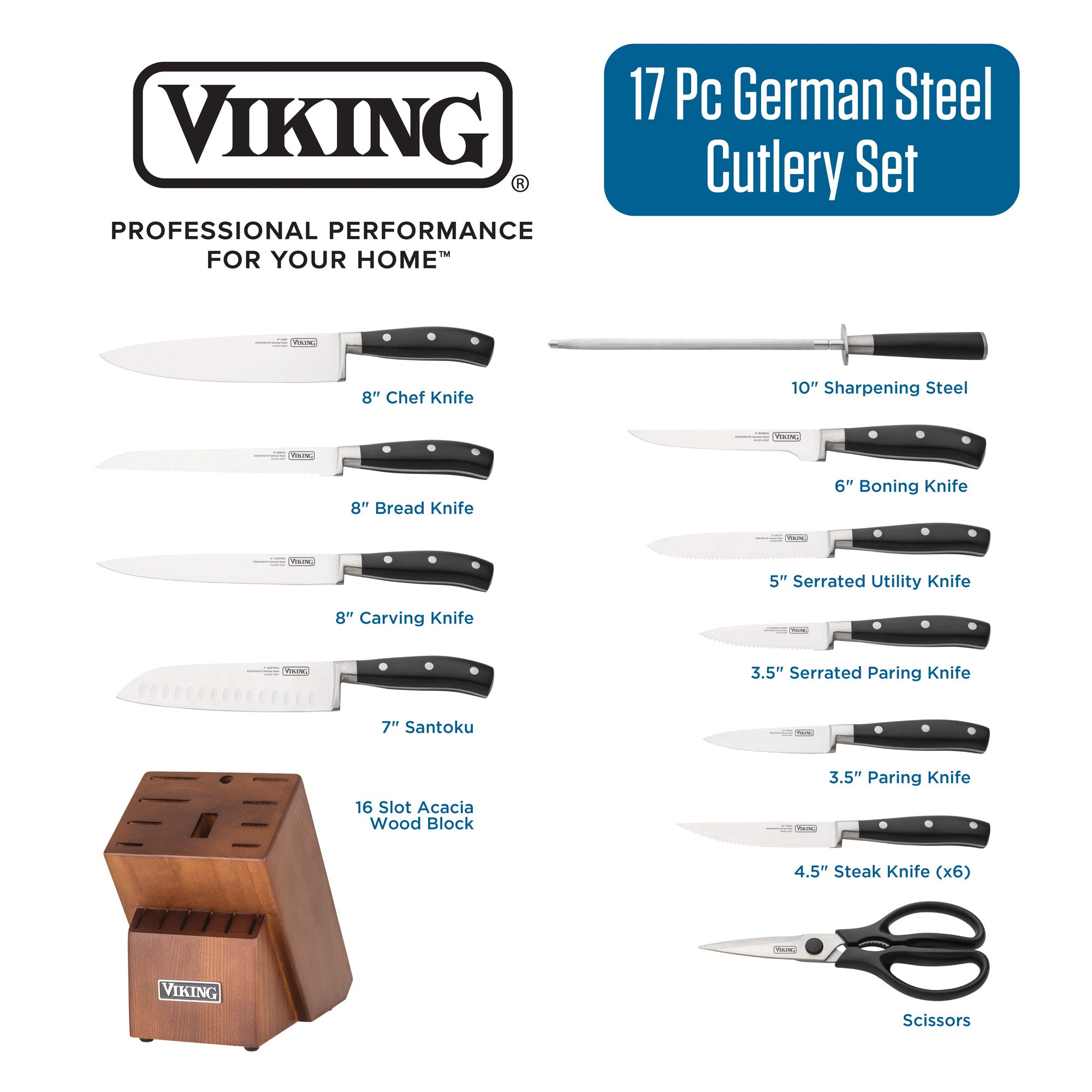 Viking 17-Piece Cutlery Set with Light Walnut Color Block