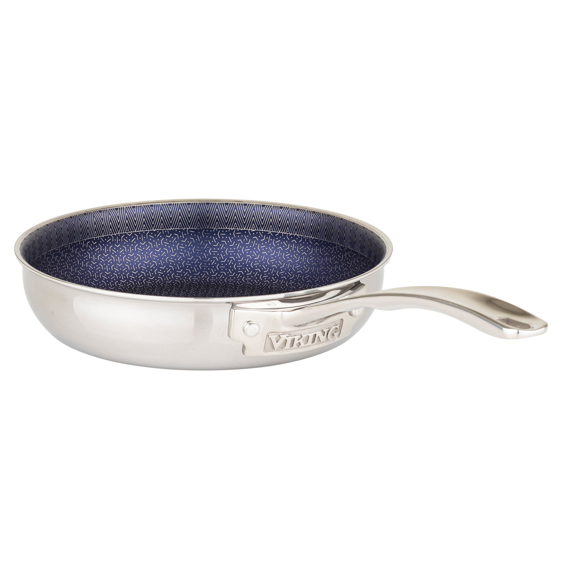 The Viking Culinary Products Viking 3-Ply Hybrid Plus 8-inch Nonstick Fry Pan features a long handle and a dark blue patterned nonstick surface for fast heating, displayed on a white background.