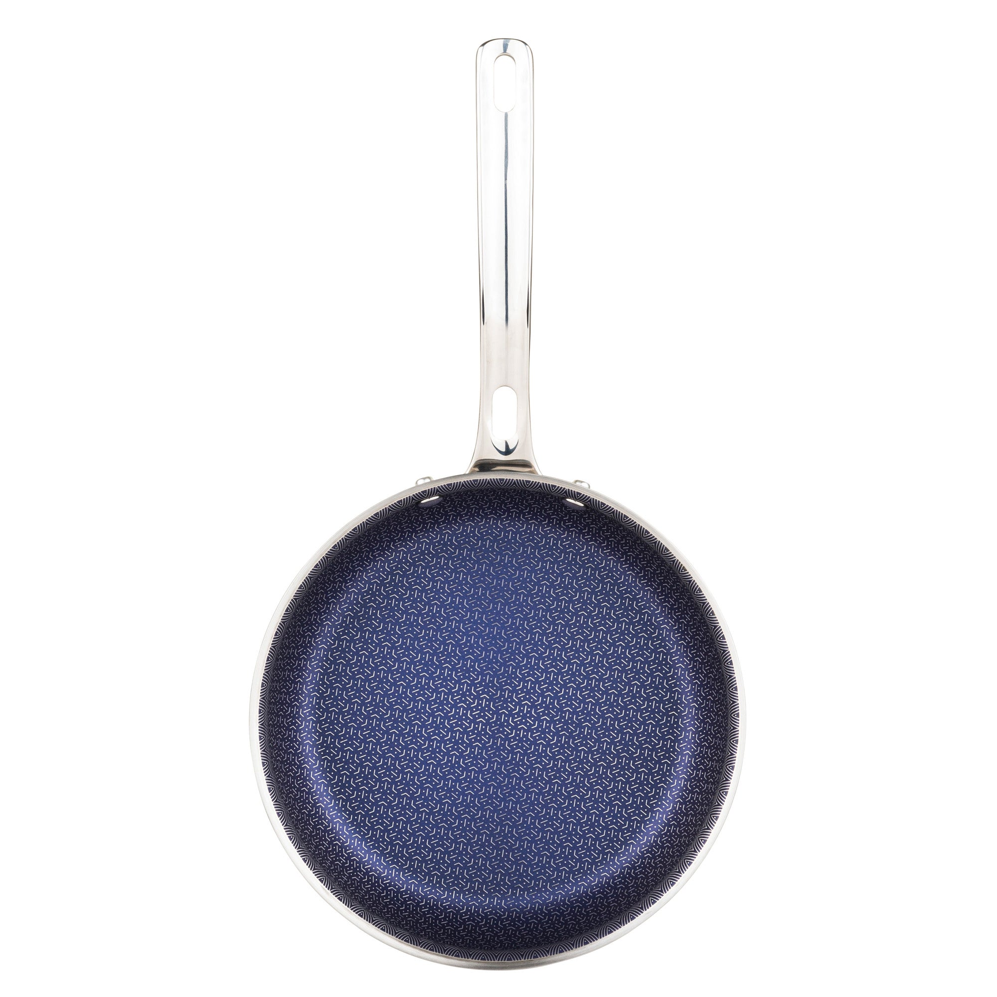 A top-down view of the Viking 3-Ply Hybrid Plus 8-inch Nonstick Fry Pan by Viking Culinary Products, featuring a silver handle and dark blue patterned nonstick interior, fast heating and induction capable, shown clean on a white background.