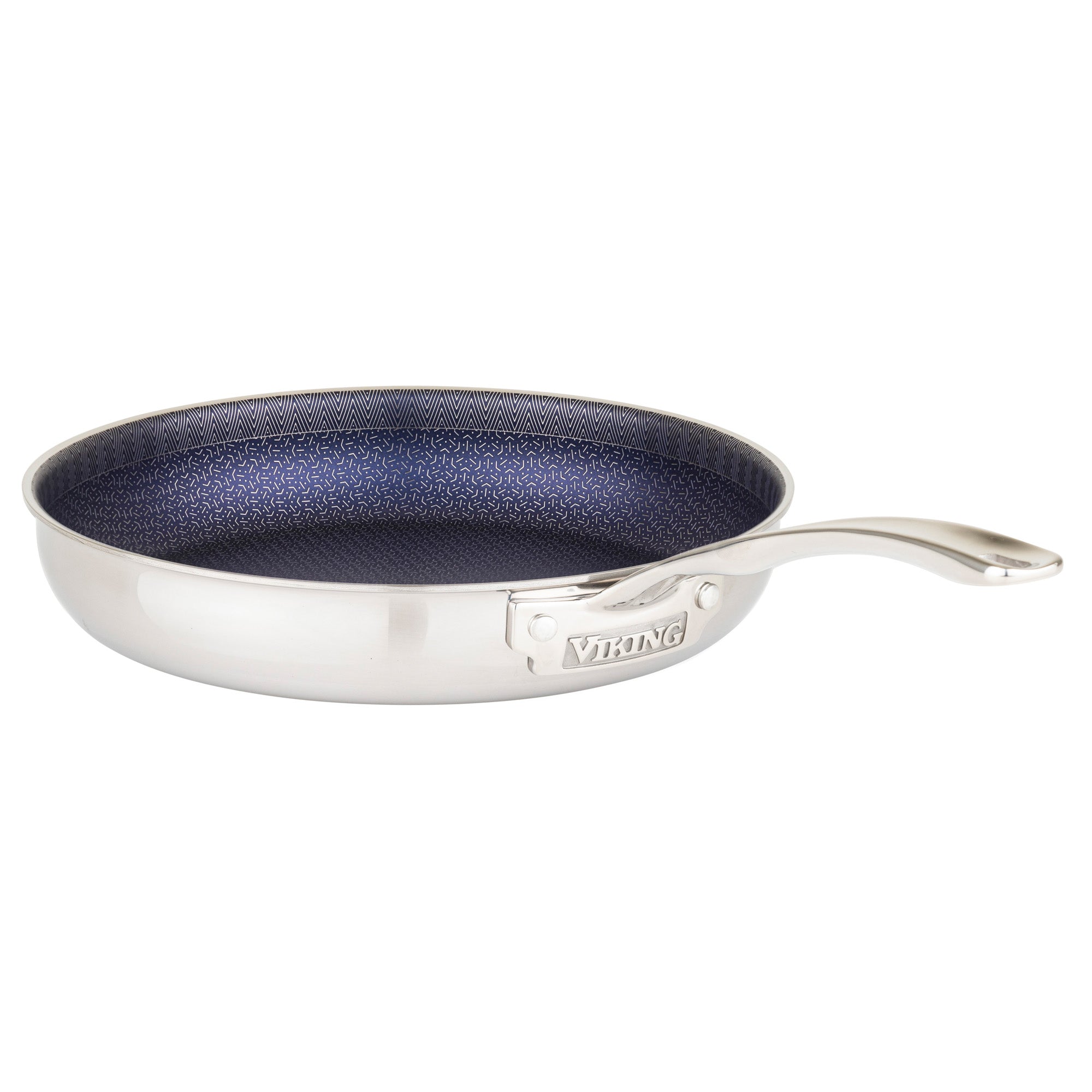 The Viking Culinary Products 3-Ply Hybrid Plus 10-inch Nonstick Fry Pan features a stainless steel body, textured dark nonstick interior, shiny metal handle embossed with the brand name, and is induction capable, shown against a white background.
