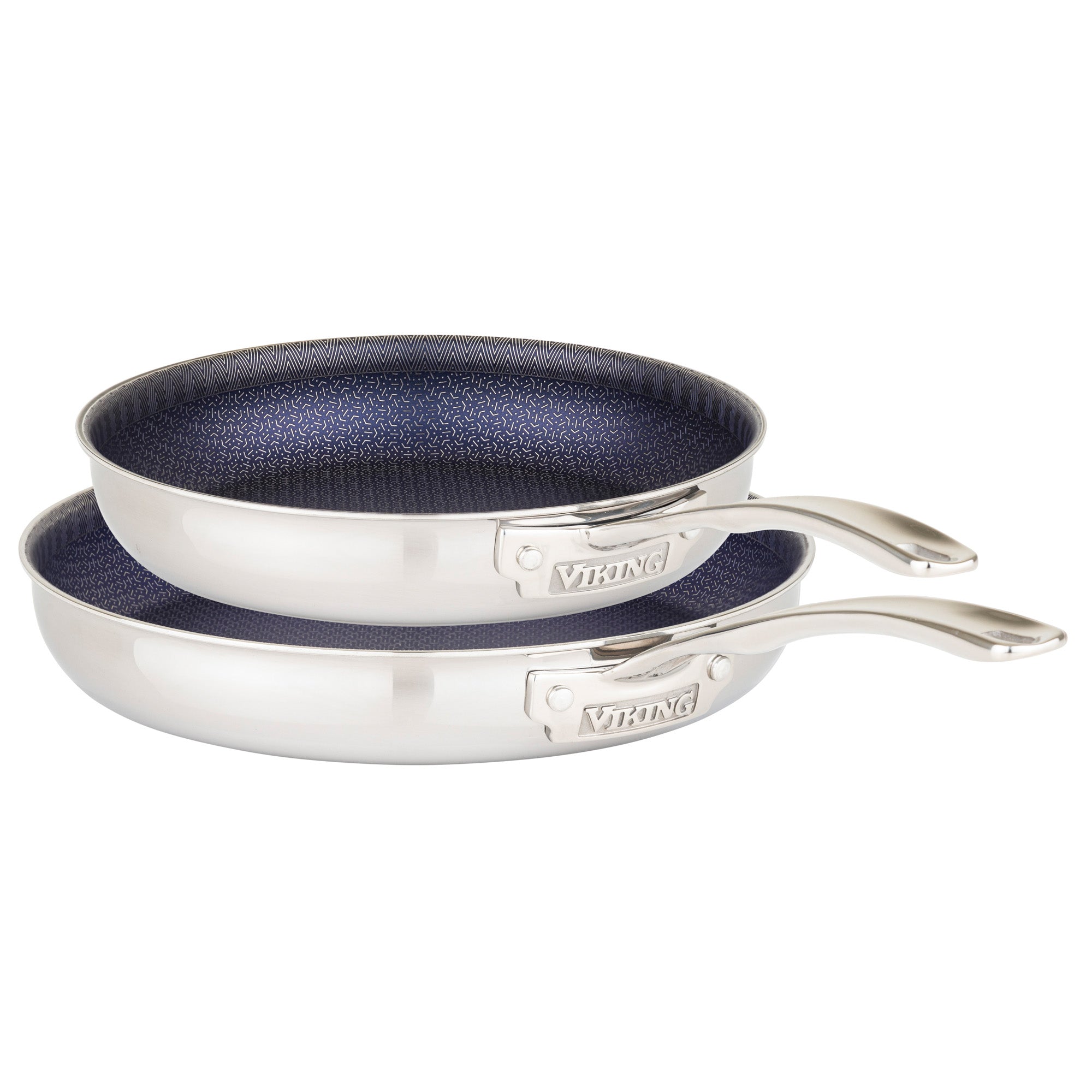 The Viking 3-Ply Hybrid Plus 2 Pc Nonstick Fry Pan Set (9.5 & 11) by Viking Culinary Products features stainless steel pans with textured nonstick surfaces, even heating, and metal handles inscribed with the Viking brand.